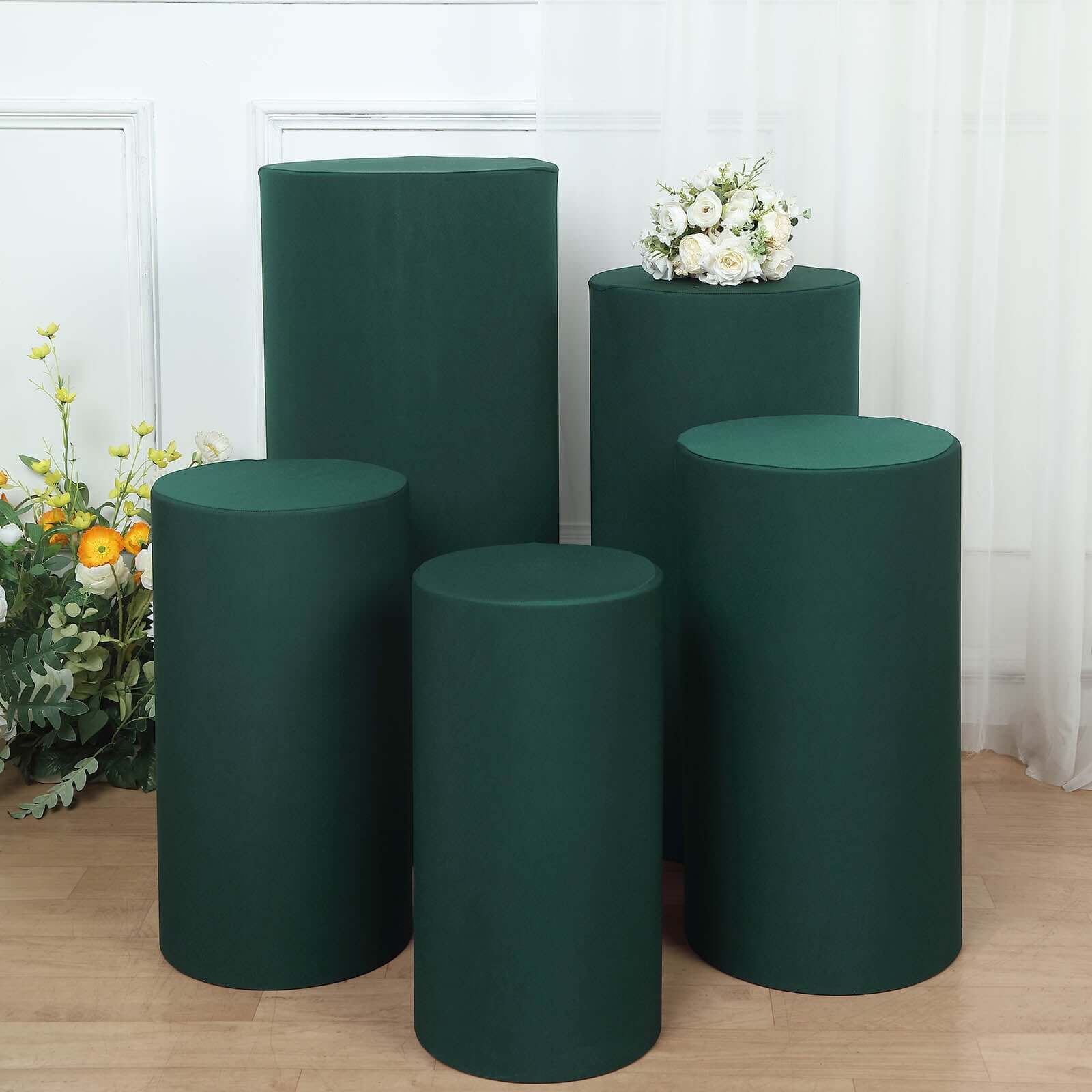 Hot Deal! Set of 5 Stretchable Hunter Emerald Green Spandex Cylinder Pedestal Stand Covers, 160 GSM