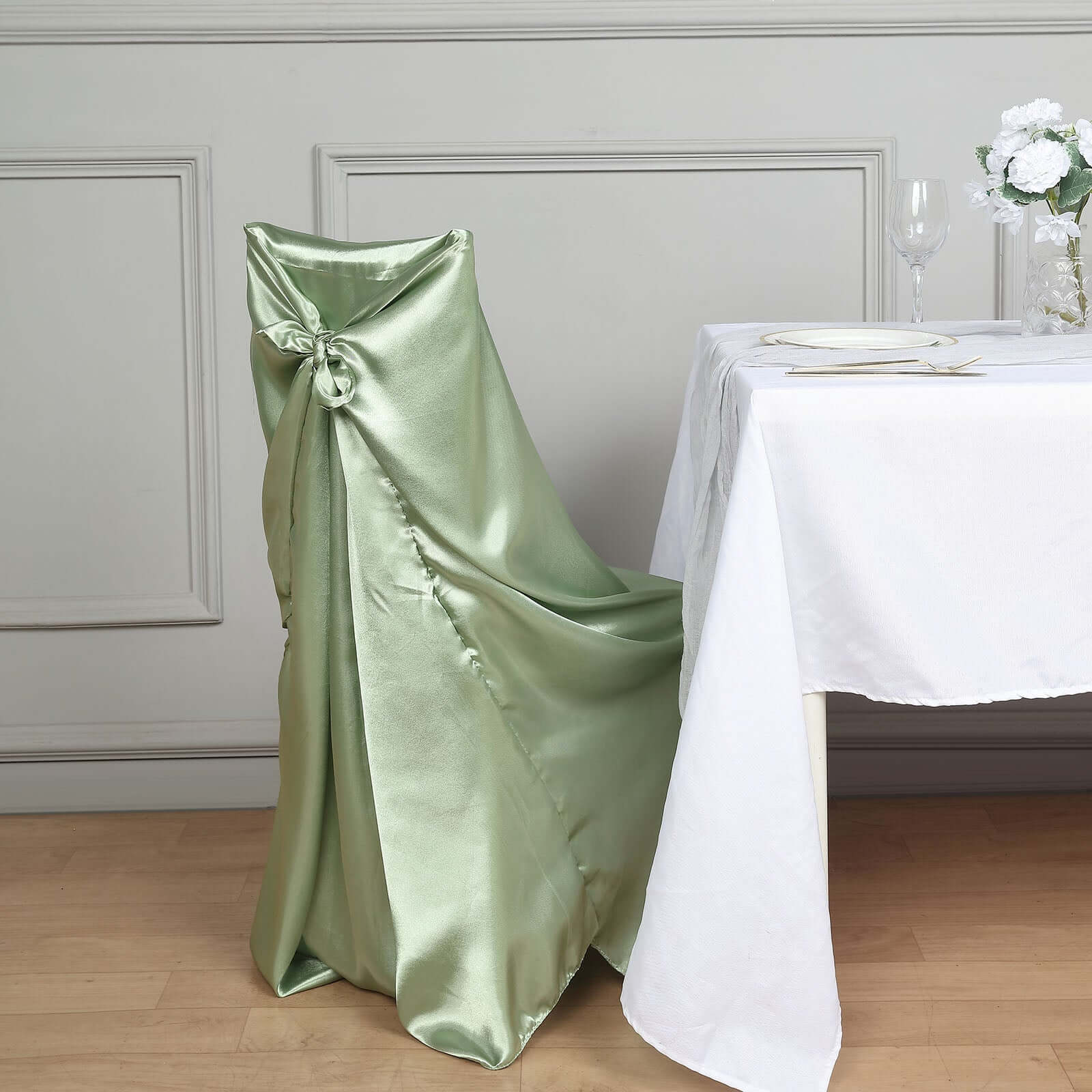 Sage Green Satin Self - Tie Chair Cover: Universal for Folding, Dining & Banquet Chairs
