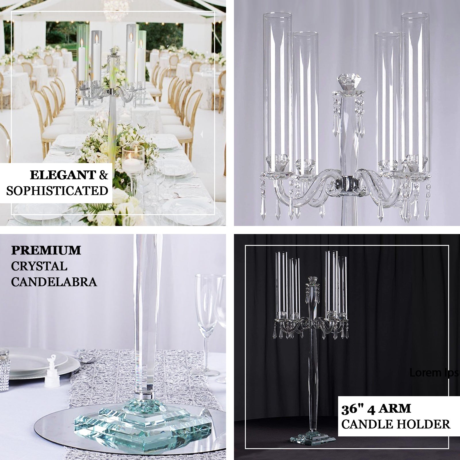 36-Inch 4-Arm Decorative Crystal Glass Taper Candle Holder Candelabra with Chandelier Chains