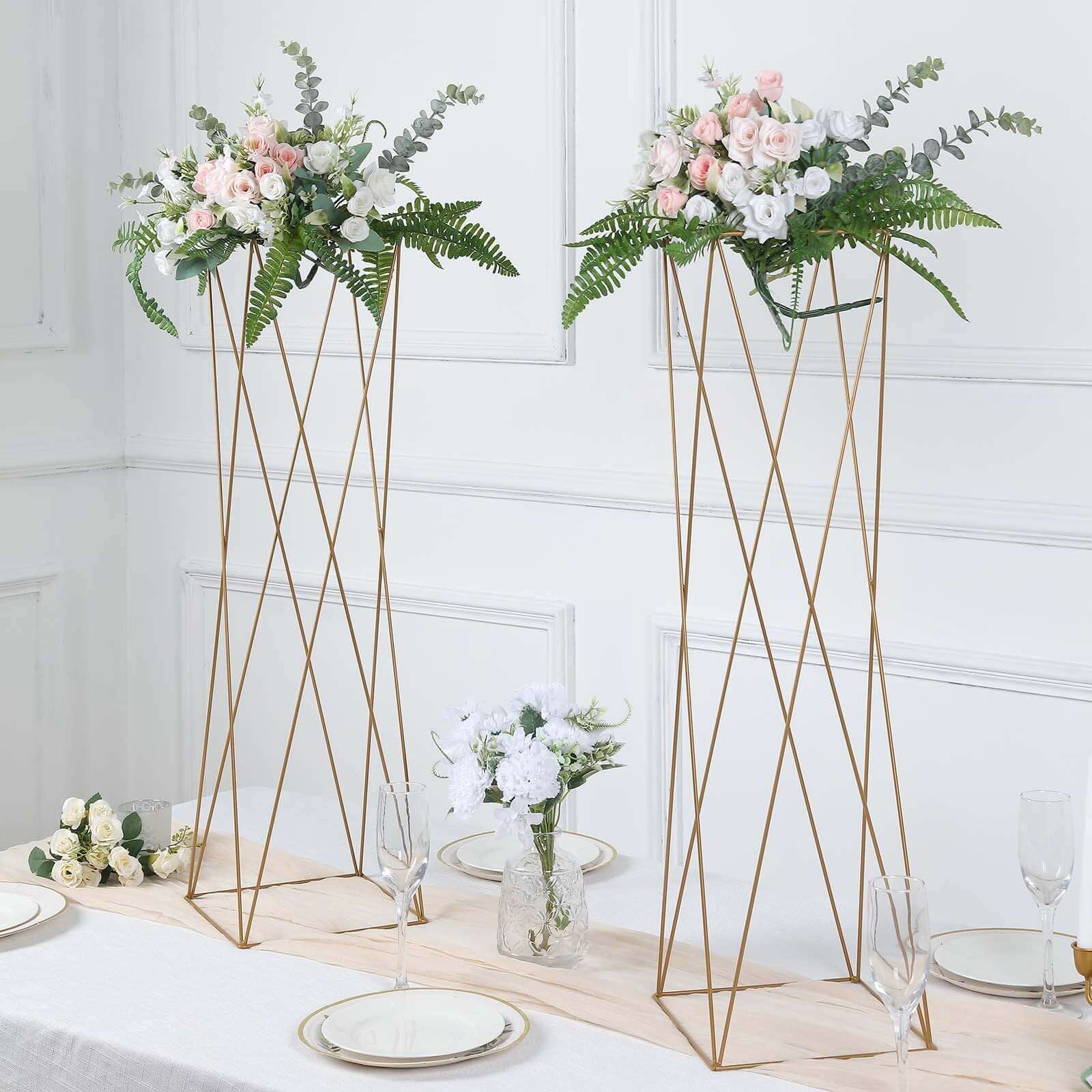 2-Pack Gold Metal Geometric Crisscross Open Column Pedestal Stands for Wedding Centerpieces, 32 Inches