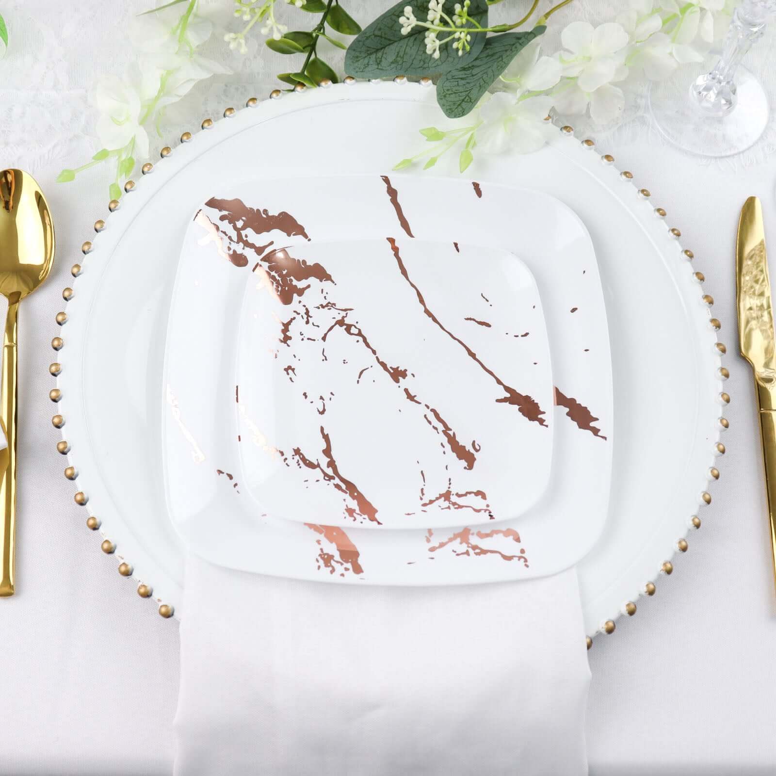 Great Deal! 10-Pack Disposable White Plastic Appetizer Plates with Rose Gold Marble Design for Special Events