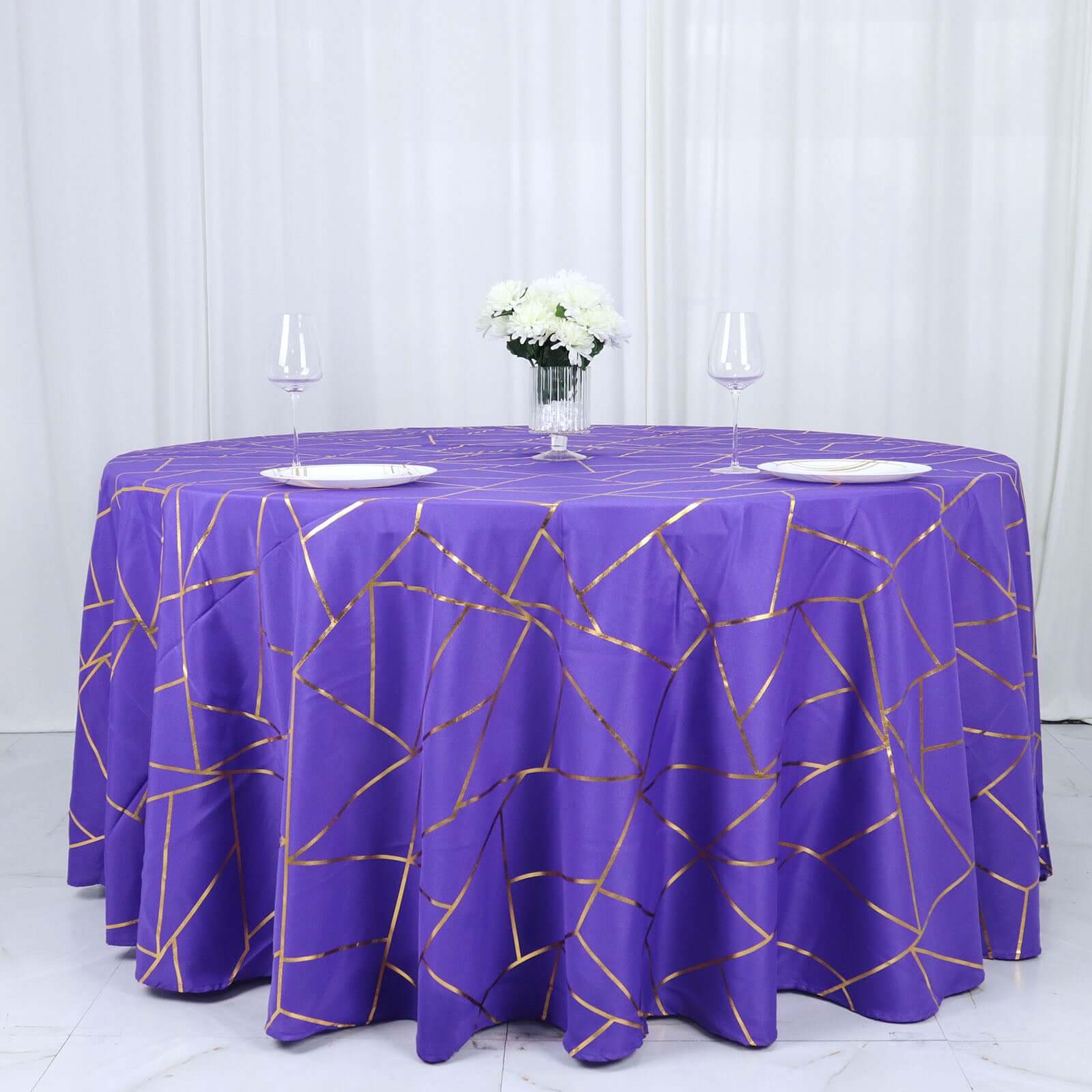 Hot! Wrinkle-Resistant Purple Polyester Round Tablecloth with Gold Foil Geometric Pattern, 120" Dia.
