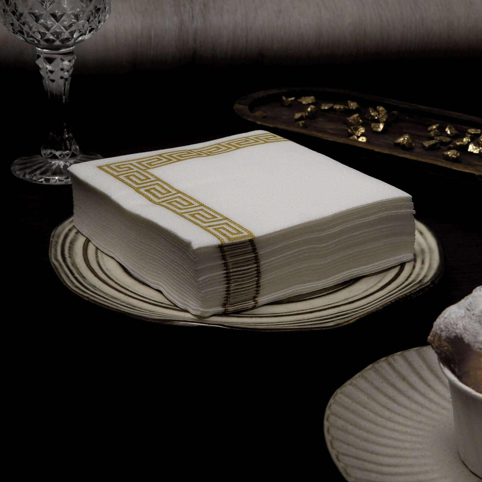 25-Piece Set of Hygienic Disposable Airlaid White Napkins with Gold Greek Key Design, 5x5 Size