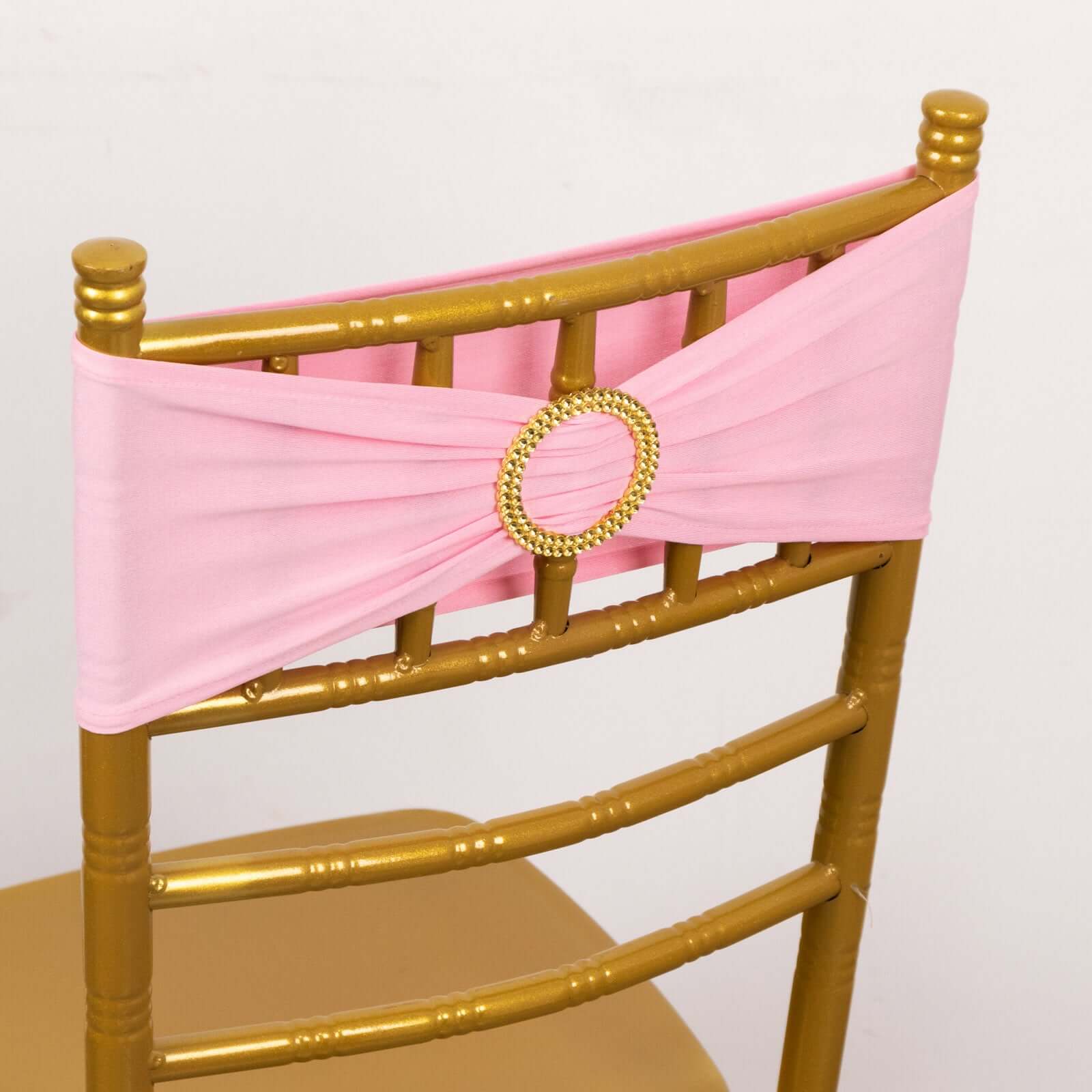 Hot Deal! 5-Pack Pink Spandex Chair Sashes with Gold Rhinestone Buckles, Reusable 4-Way Stretch