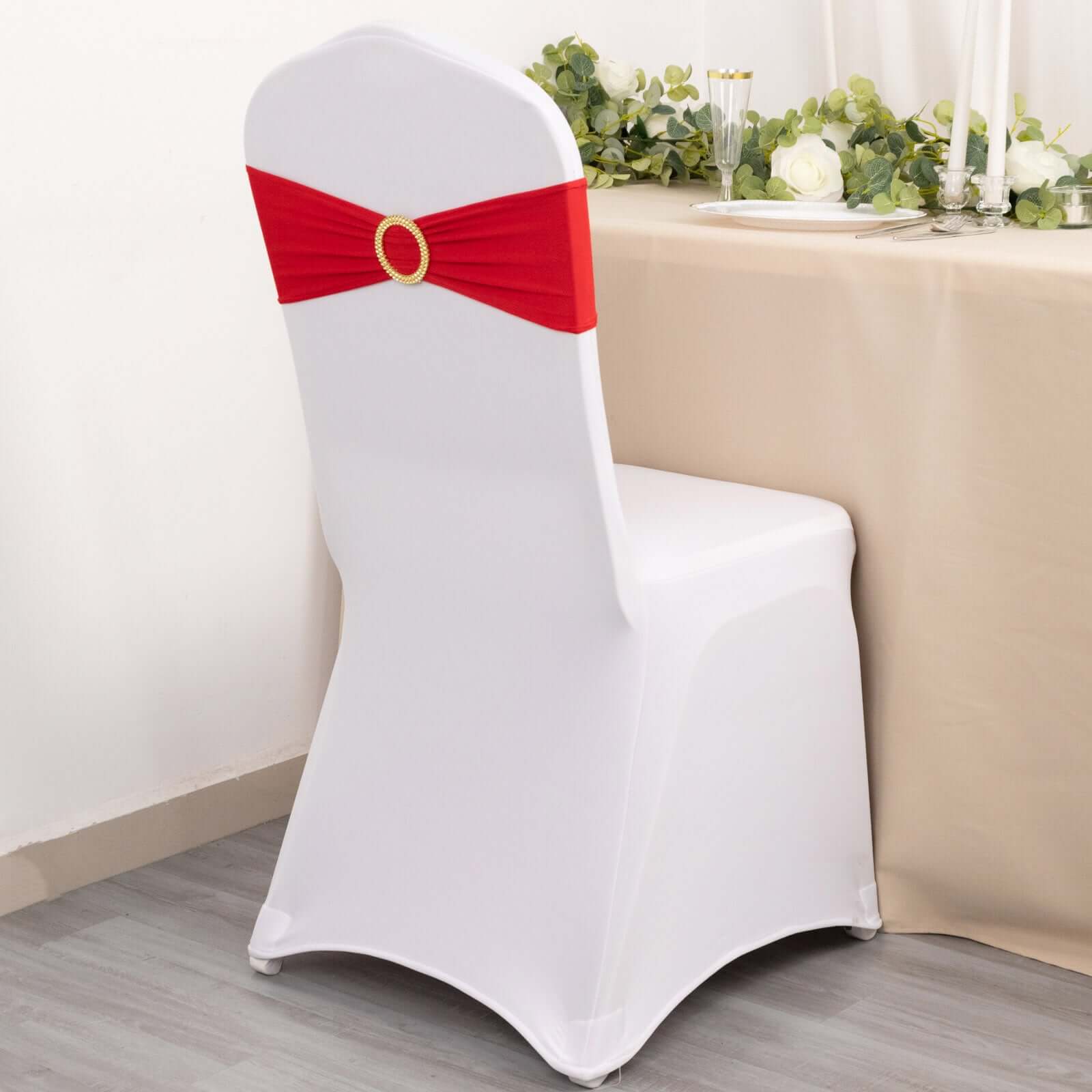 Set of 5 Reusable Red Spandex Chair Sashes with Gold Rhinestone Plastic Buckles, 5x14