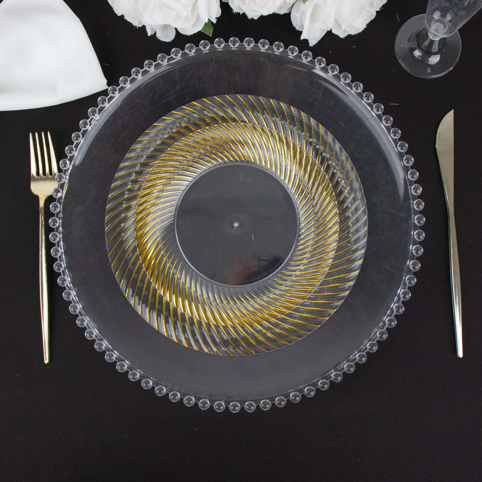 10-Pack Clear Plastic Round Dinner Plates with Gold Swirl Rim - Ideal Disposable Plates for Elegant Parties