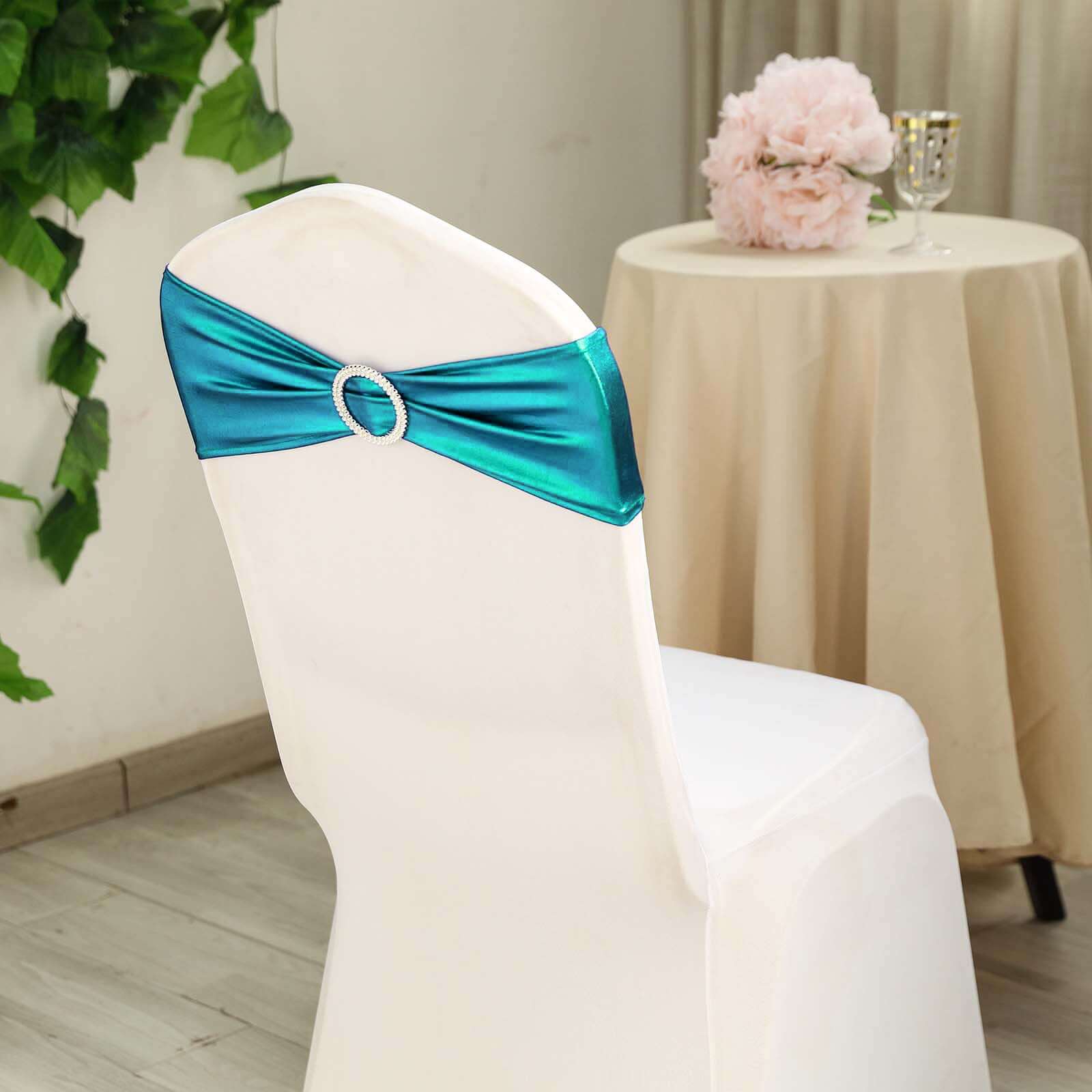 5-Pack Metallic Peacock Teal Spandex Chair Sashes with Round Diamond Buckles - Great for Events