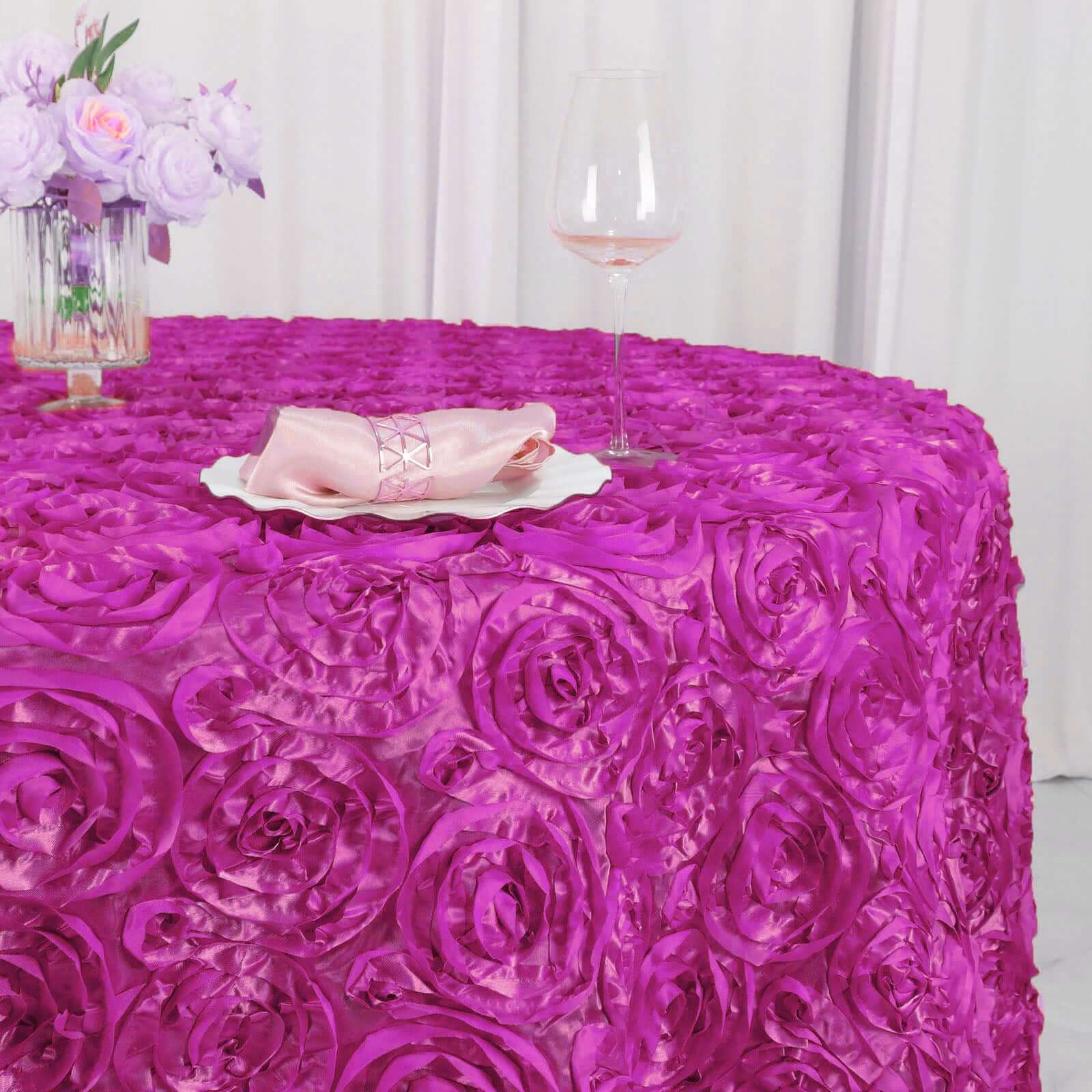 Fuchsia Satin 120 - Inch Round Tablecloth with Stunning 3D Rosette and Seamless Finish