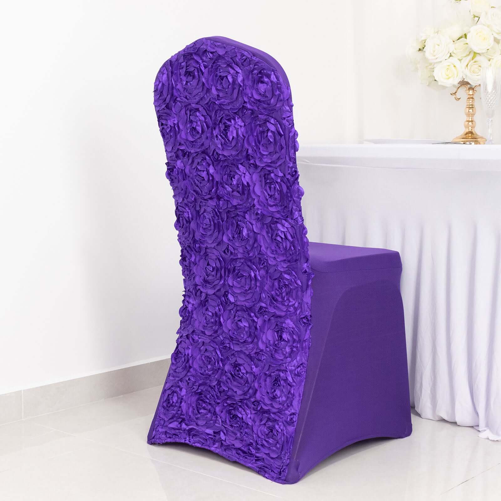 Purple Satin Rosette Stretch Slip-On Chair Cover for Banquets - Elegant & Durable