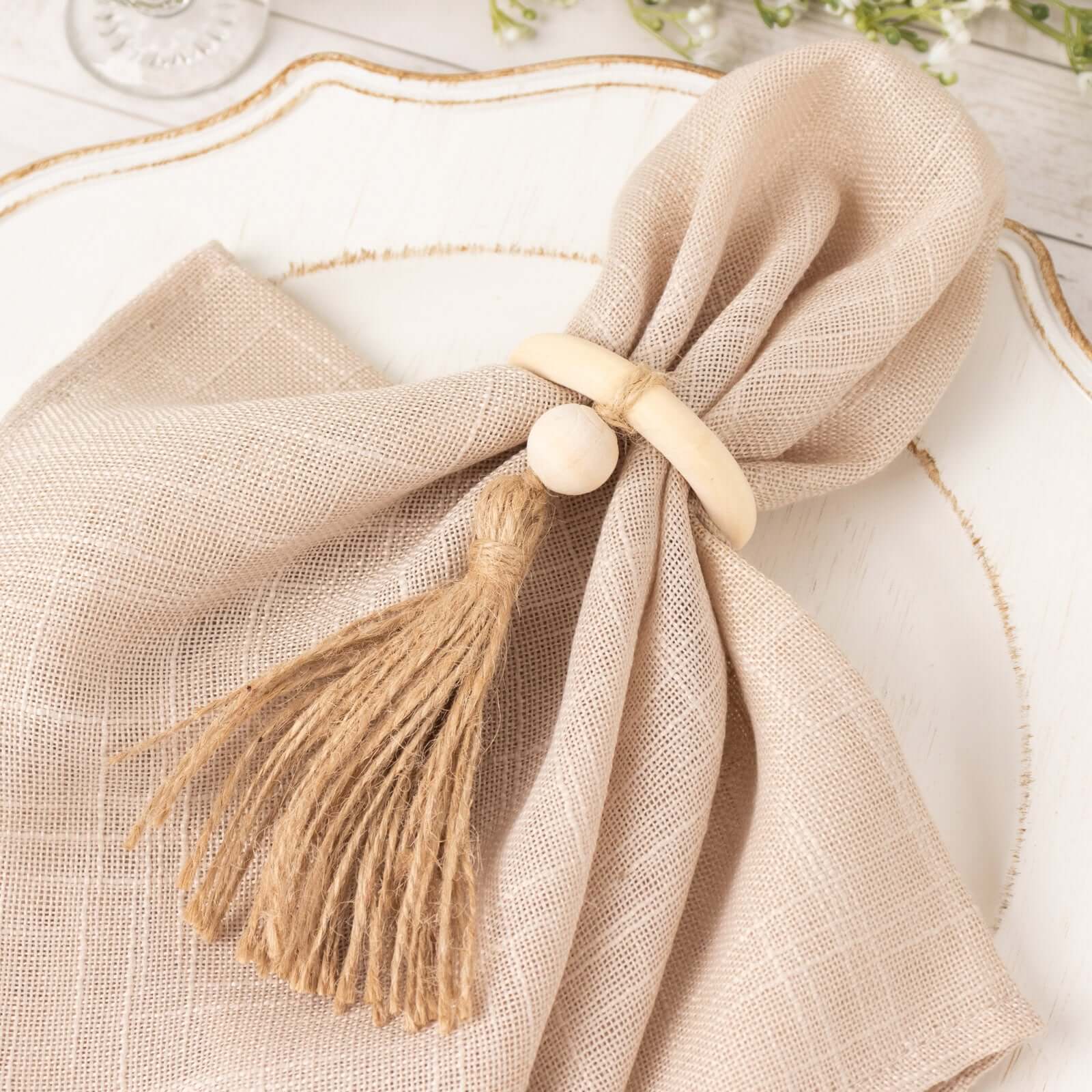 4-Pack Cream Wooden Napkin Rings with Jute Tassels - Rustic Boho Style