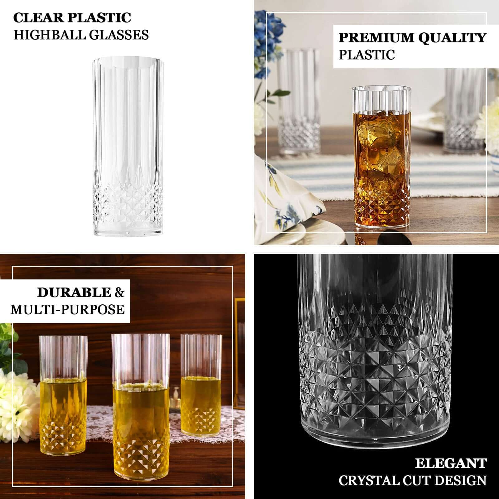 6-Pack Shatterproof 14oz Clear Plastic Highball Cocktail Tumblers with Crystal Cut Style
