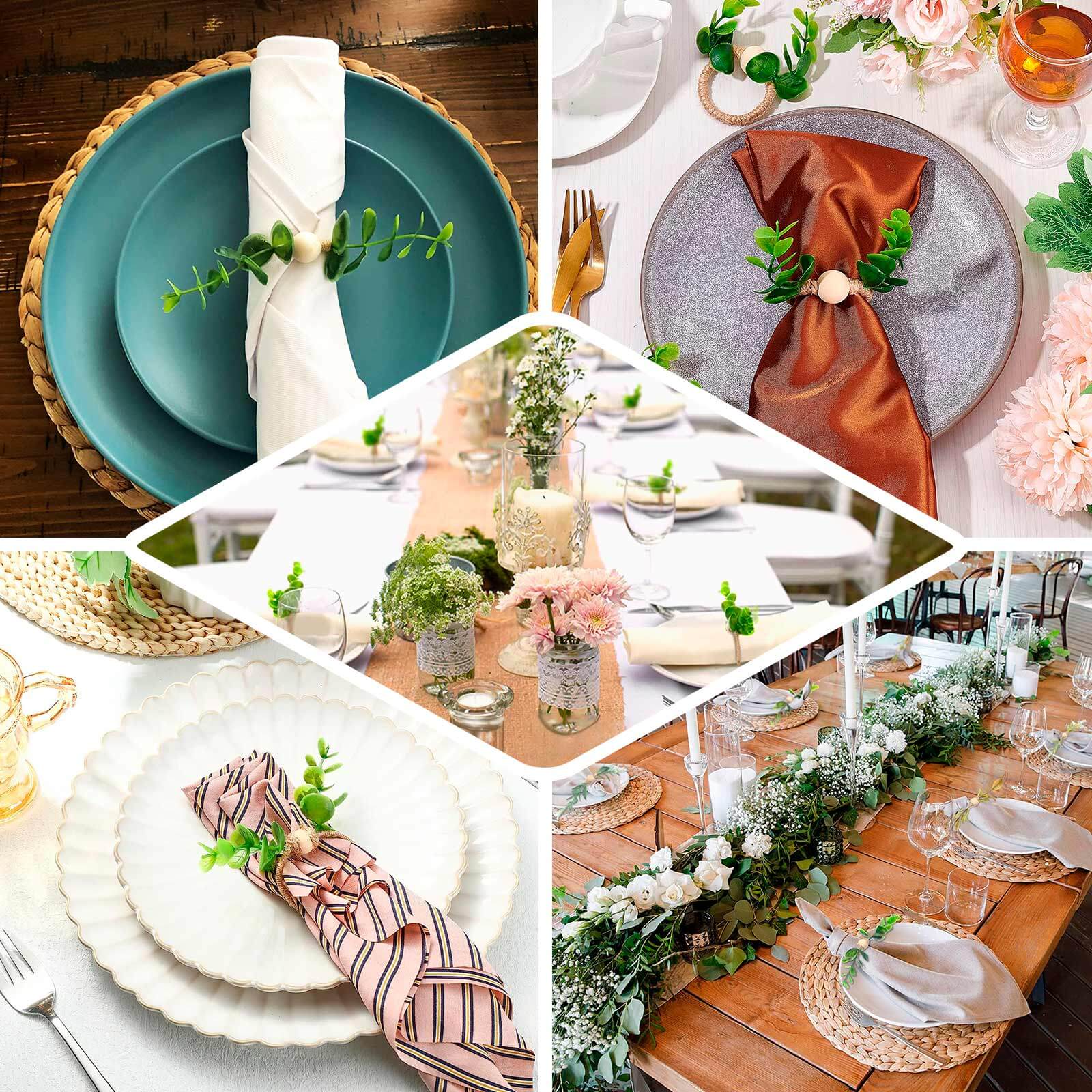 8-Piece Handmade Rustic Green Eucalyptus Leaf & Wooden Bead Jute Napkin Holders