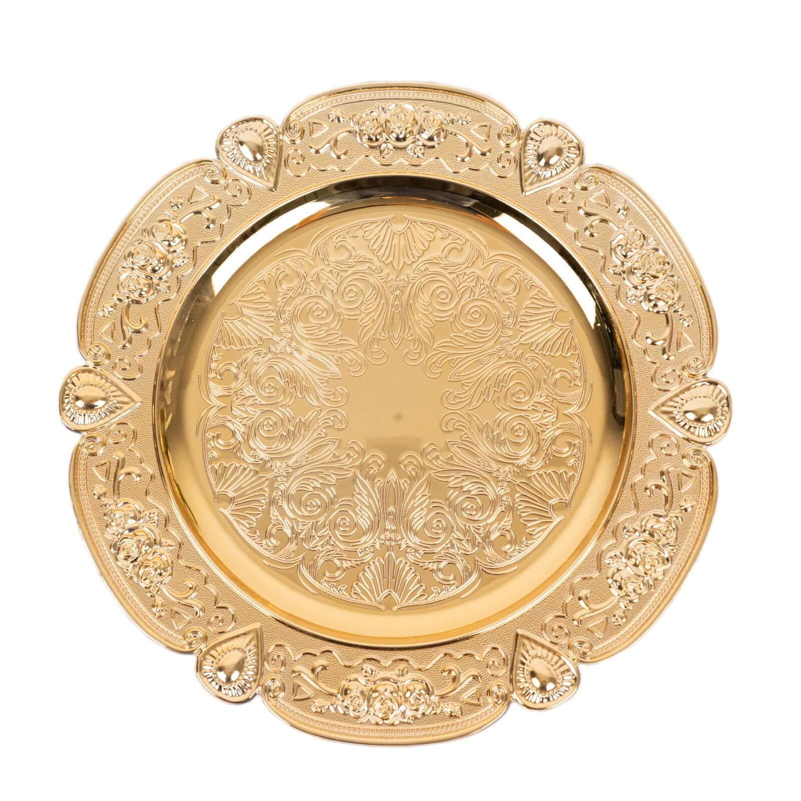 Hot Sale! 6-Pack 13-inch Gold Floral Embossed Acrylic Charger Plates with Scalloped Rim