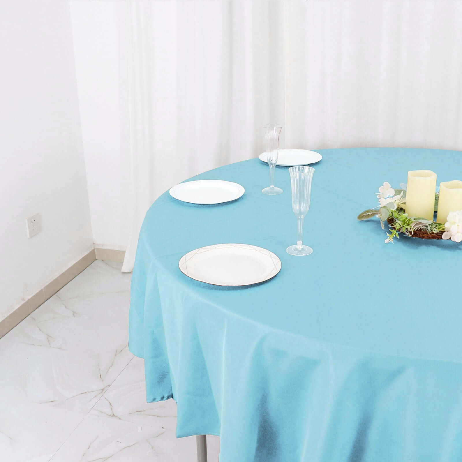 Get This Light Blue 90-Inch Round Polyester Tablecloth - Stain & Wrinkle Free!