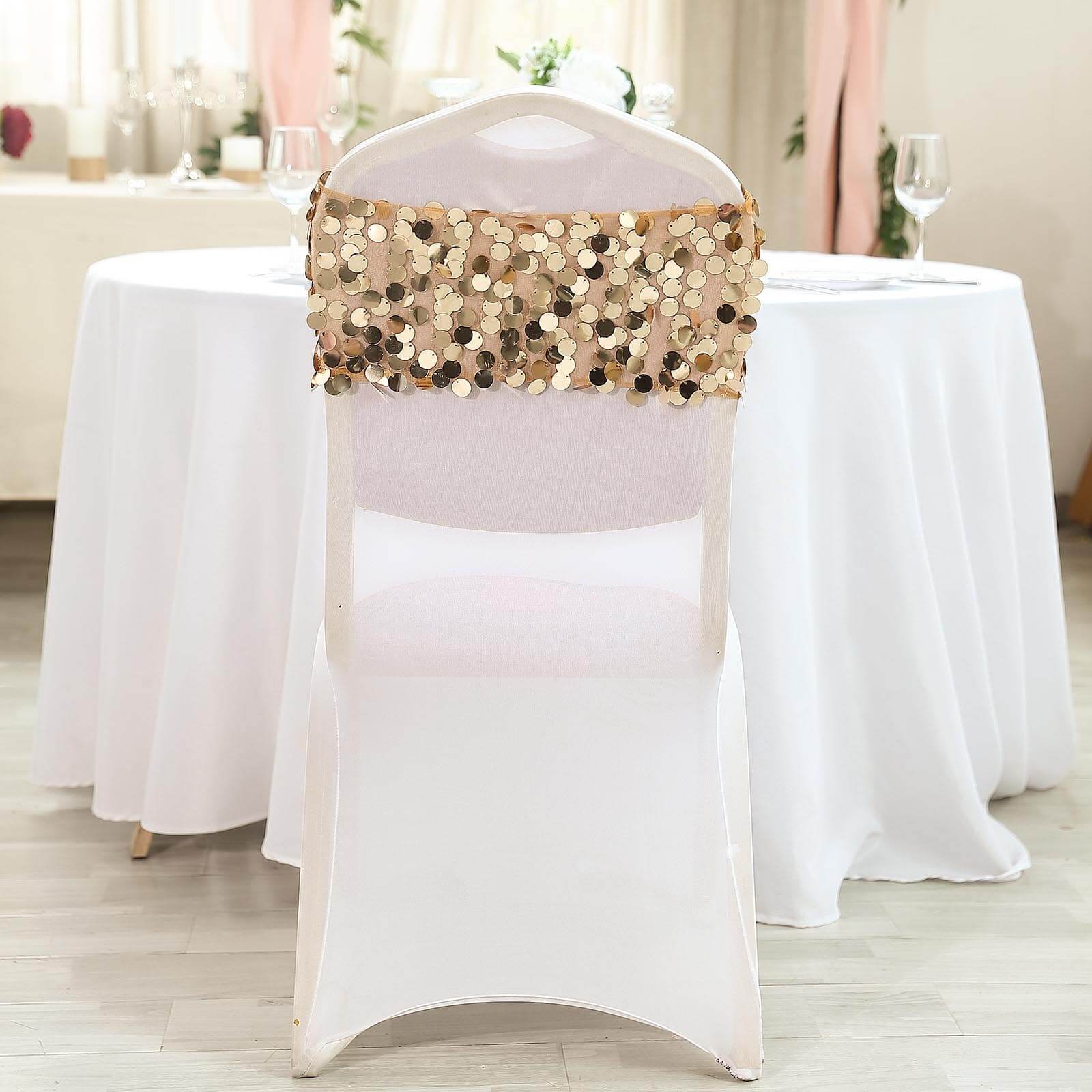 Hot Deal! 5-Pack Gold Big Payette Sequin 13x10 Chair Sash Bands for Weddings & Gatherings