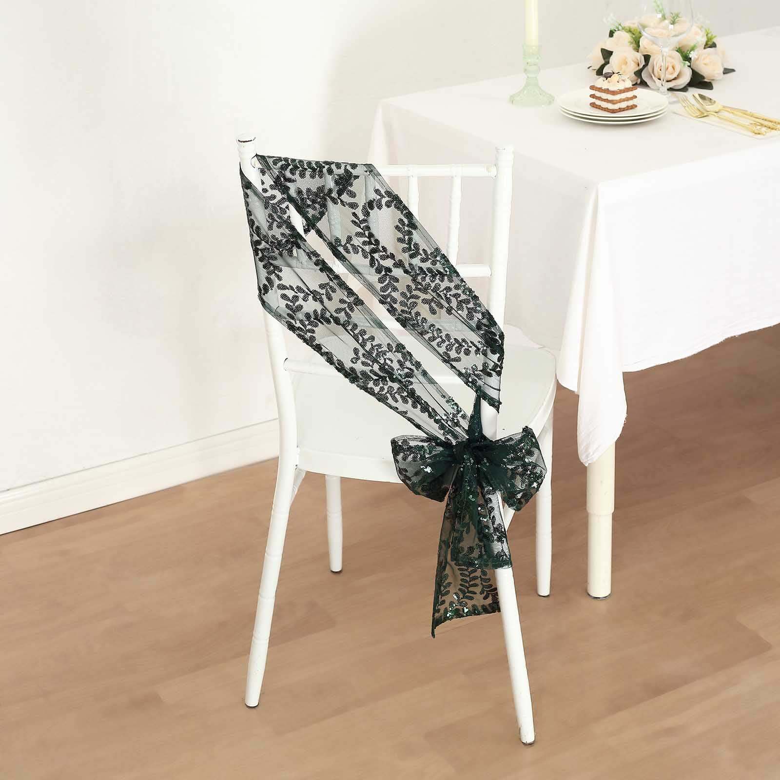 Hot Deal! 5-Pack Hunter Emerald Green Tulle Chair Sashes with Leaf Vine Sequins, 6x88