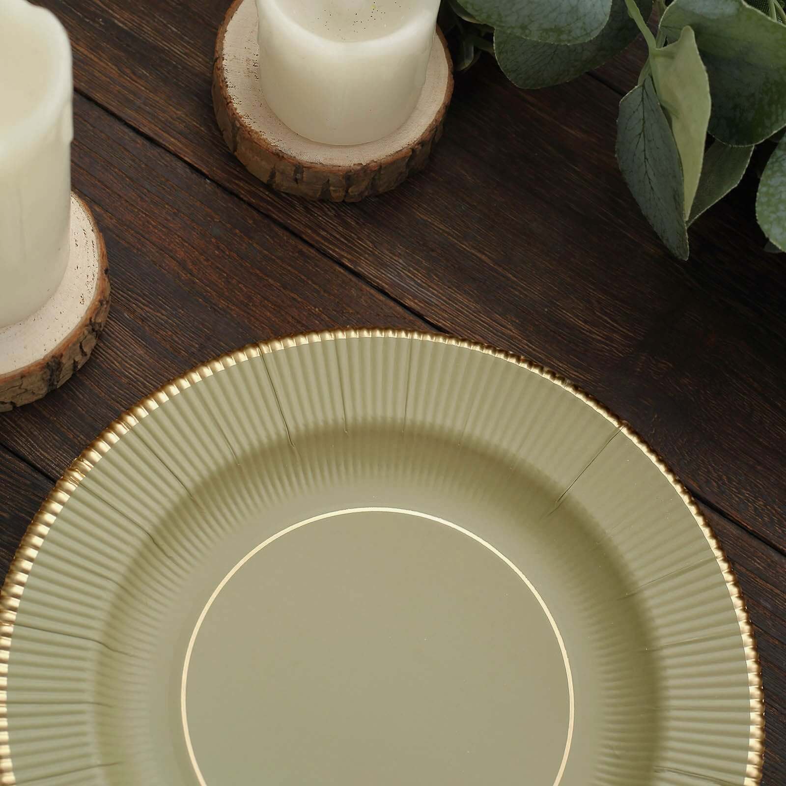 25-Pack Disposable 8-Inch Round Khaki Sunray Dessert Plates with Gold Rim - Heavy Duty 350GSM