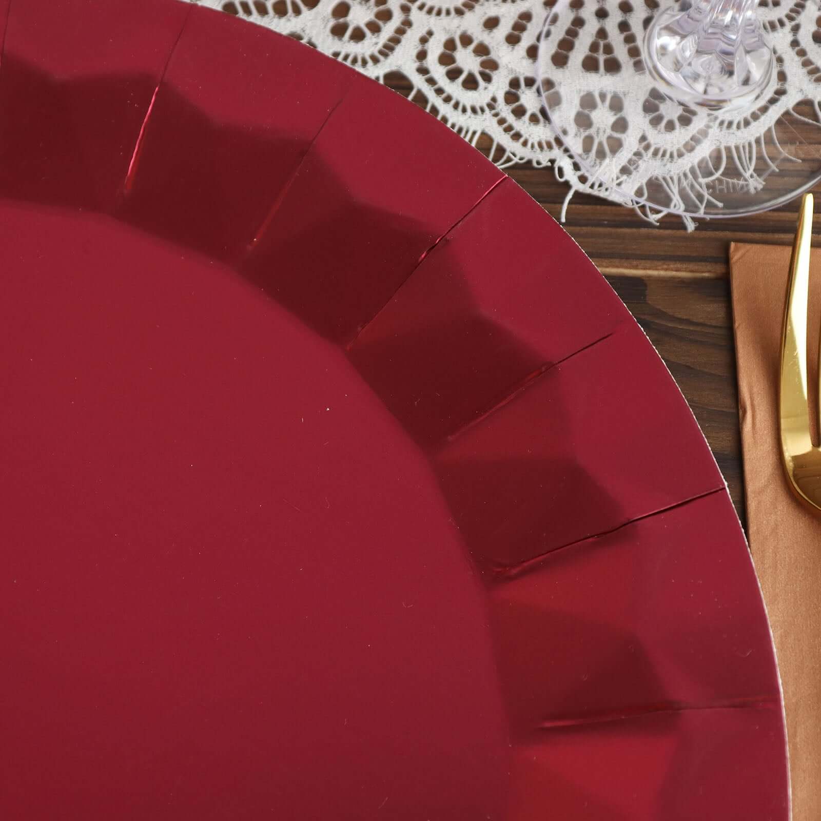 25-Pack Disposable Burgundy Paper Charger Plates with Geometric Design - 12