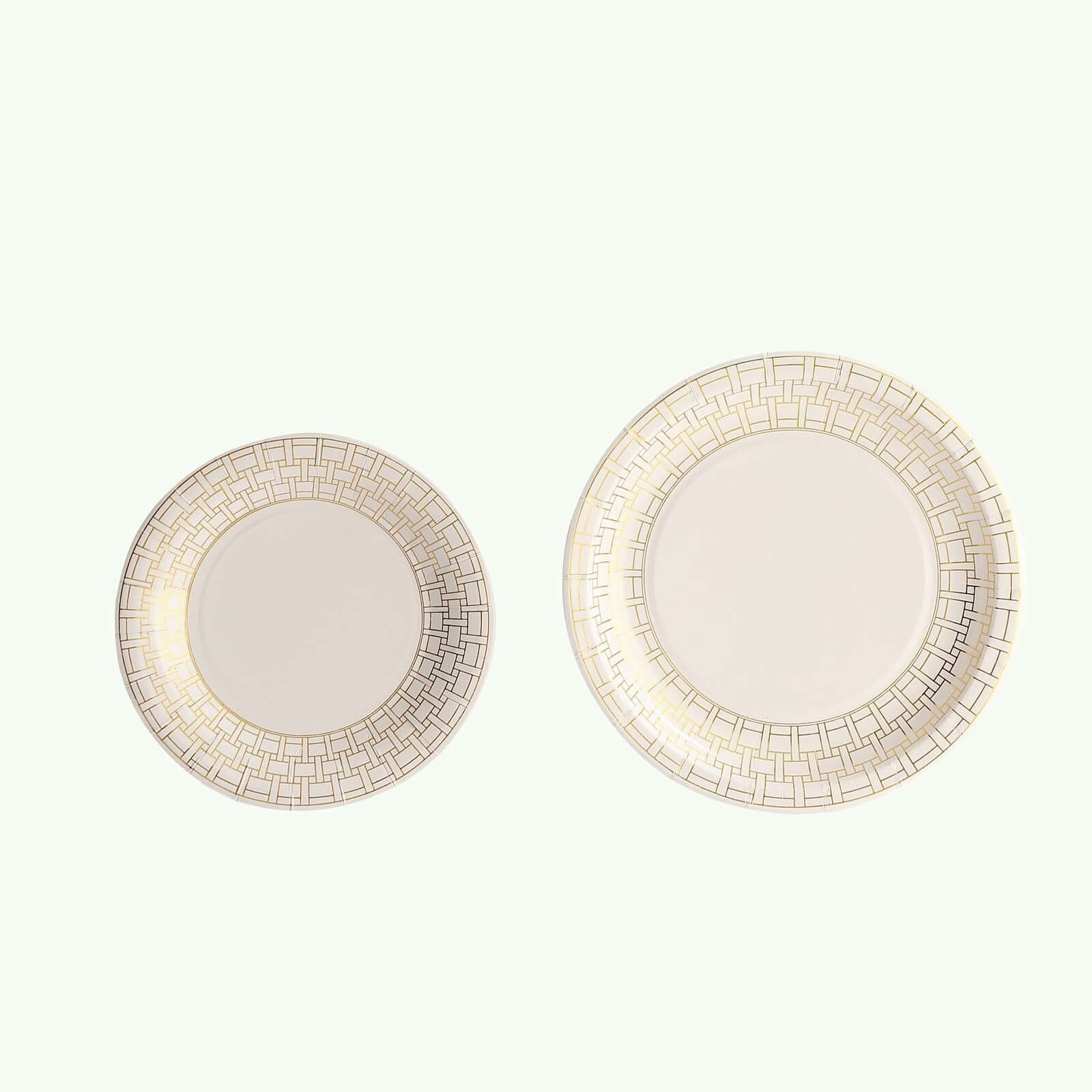 25-Piece Set of 7-Inch White Paper Dessert Plates with Elegant Gold Basketweave Rim