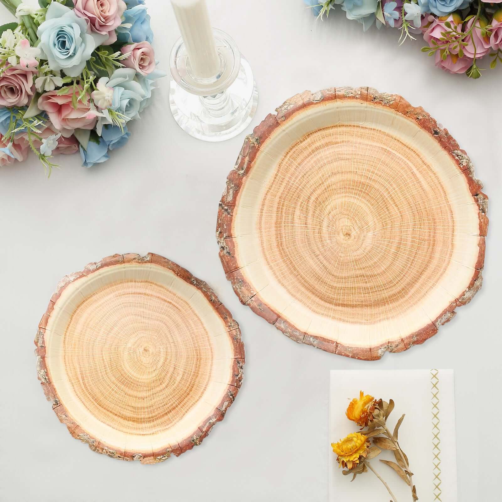25-Pack Disposable 7-Inch Round Paper Dessert Plates with Natural Wood Slice Print for Rustic Farmhouse Events
