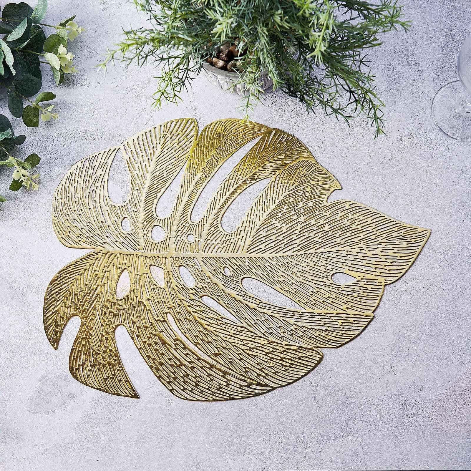 6-Pack Gold Monstera Leaf Design Vinyl Dining Table Mats with Non-Slip Surface for Tropical Decor