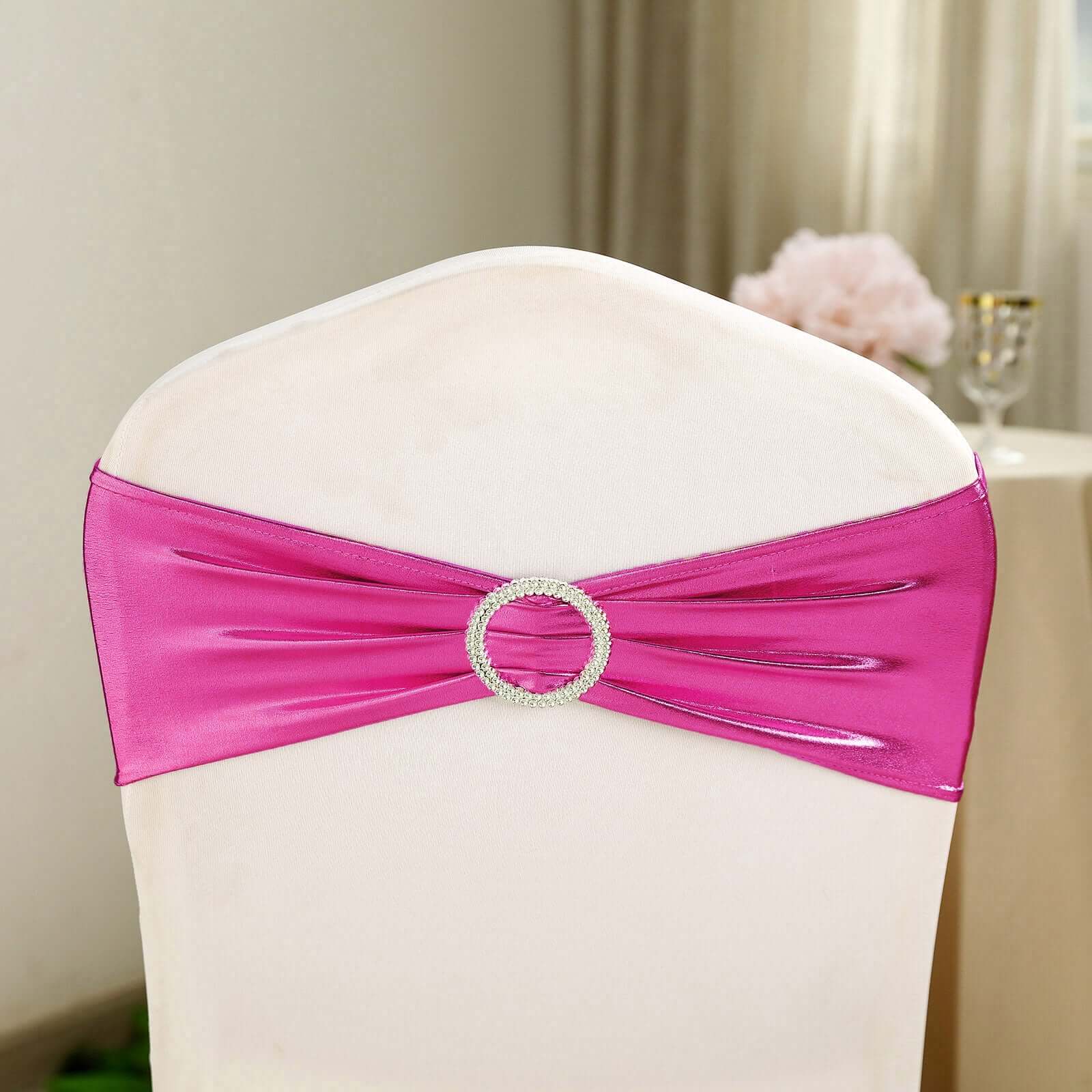 Hot Deal! 5-Piece Set of Fuchsia Metallic Spandex Chair Sashes with Round Diamond Plastic Buckles