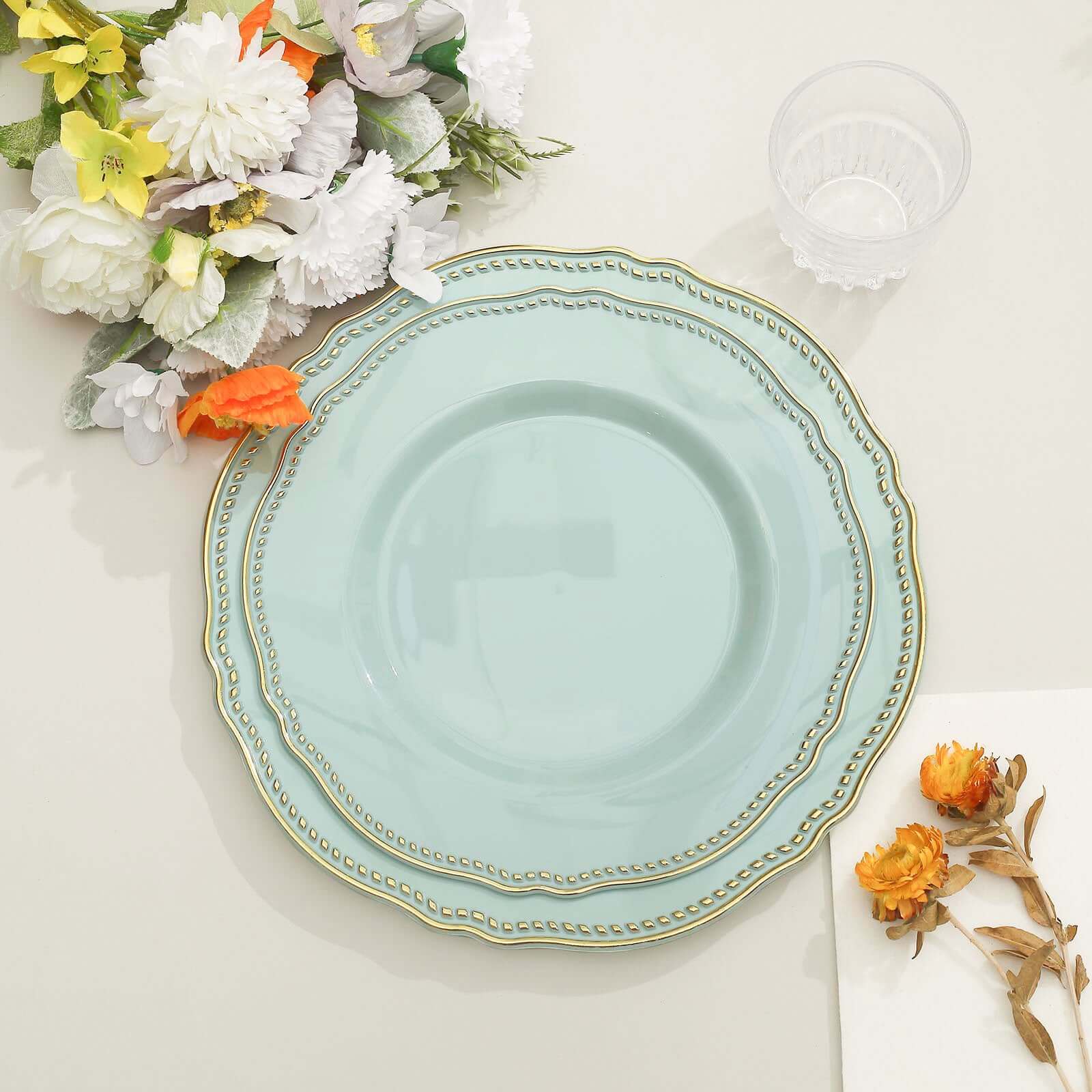 10-Pack Disposable Jade Plastic Dinner Plates with Gold Scalloped Rim - 9 Inches