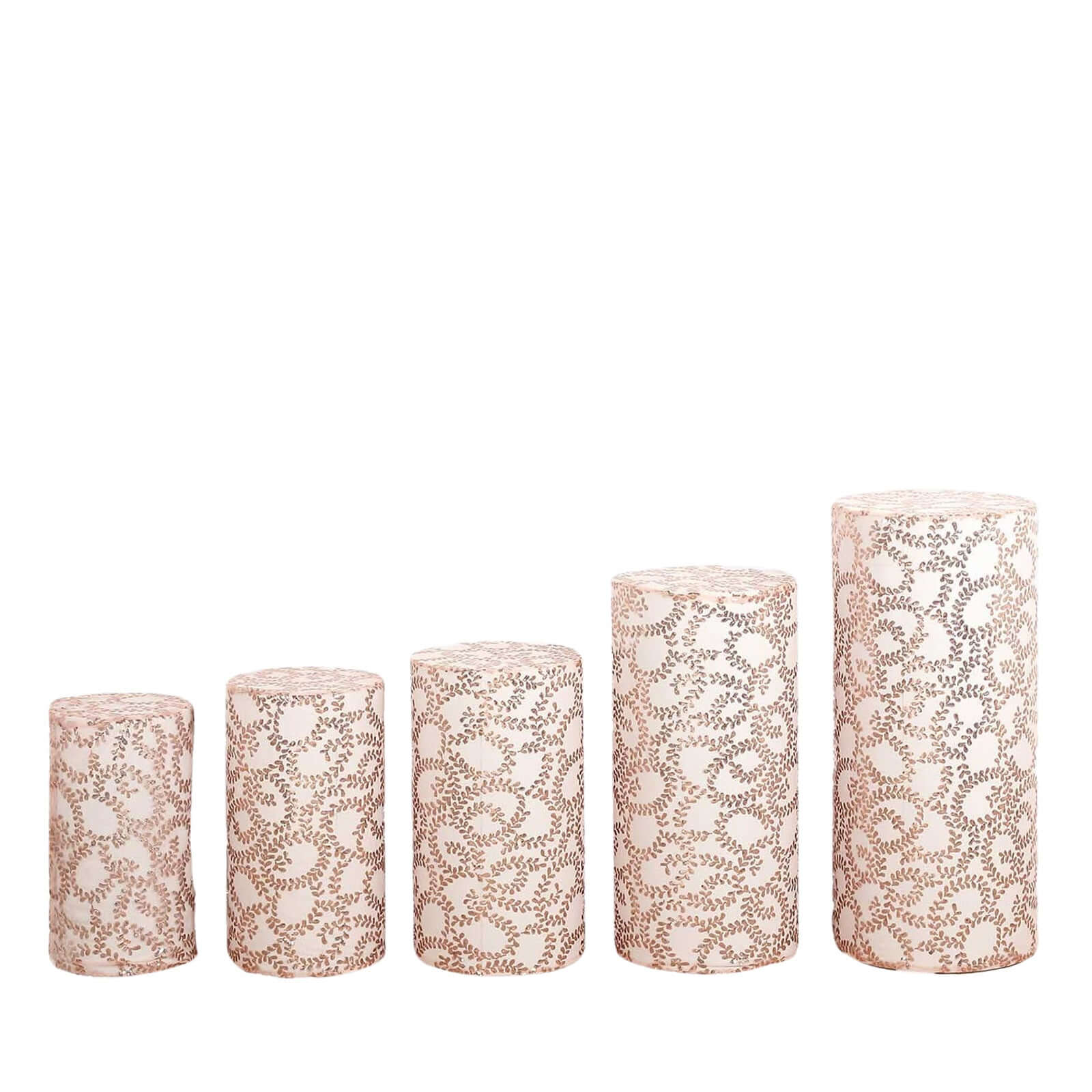 Set of 5 Sparkly Rose Gold Sequin Mesh Cylinder Pedestal Covers with Leaf Vine Design