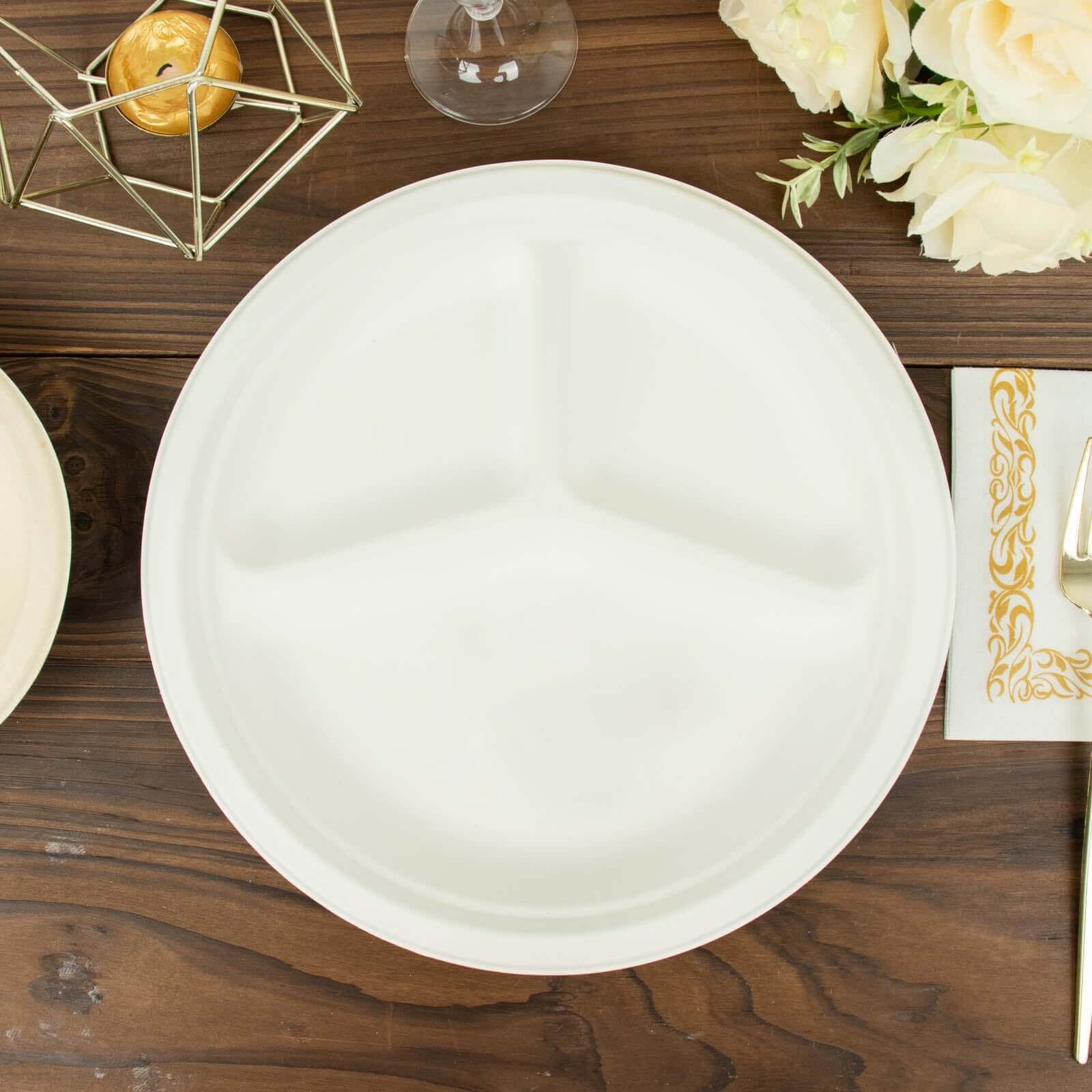 Eco-Friendly 50-Pack White Round 10-Inch 3-Compartment Dinner Plates from Bagasse - Ideal for Events & Catering