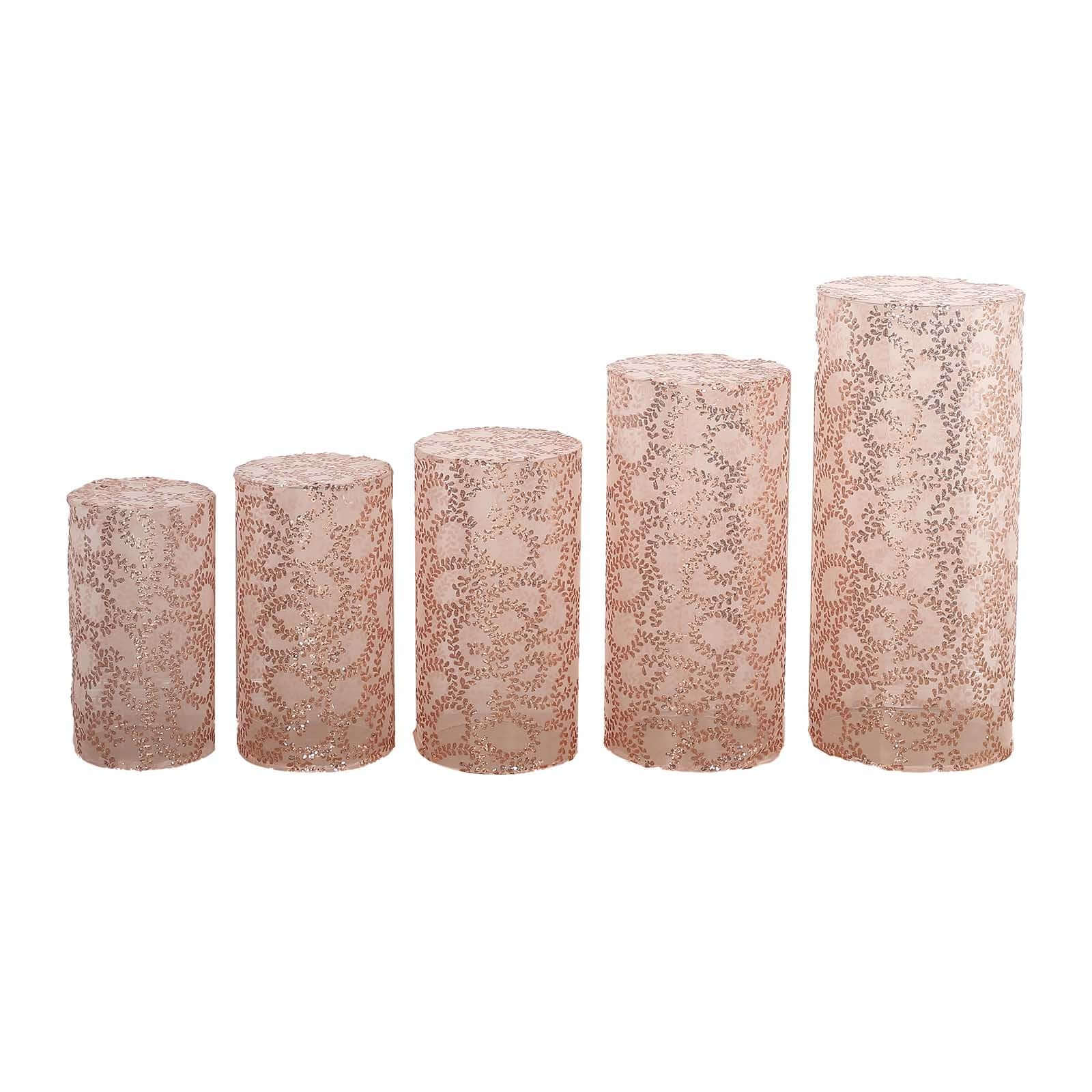 Set of 5 Sparkly Rose Gold Sequin Mesh Cylinder Pedestal Covers with Leaf Vine Design