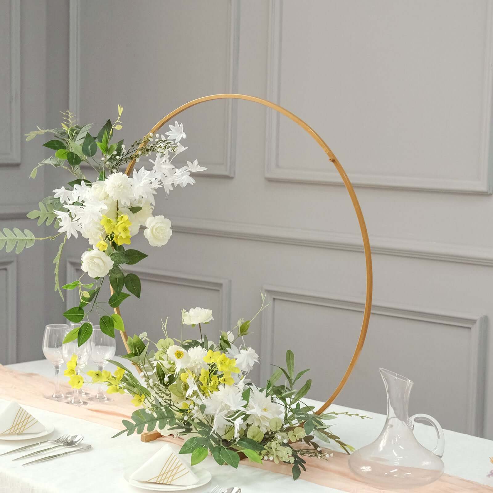 32-Inch Gold Metal Round Hoop Wedding Centerpiece - Self Standing Floral Wreath Frame for Table Decoration