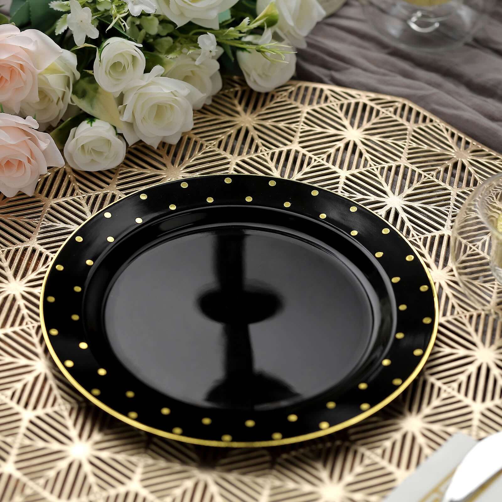10-Piece Set of 7.5-Inch Black Plastic Dessert Plates with Gold Dot Rim, Disposable Salad Plates