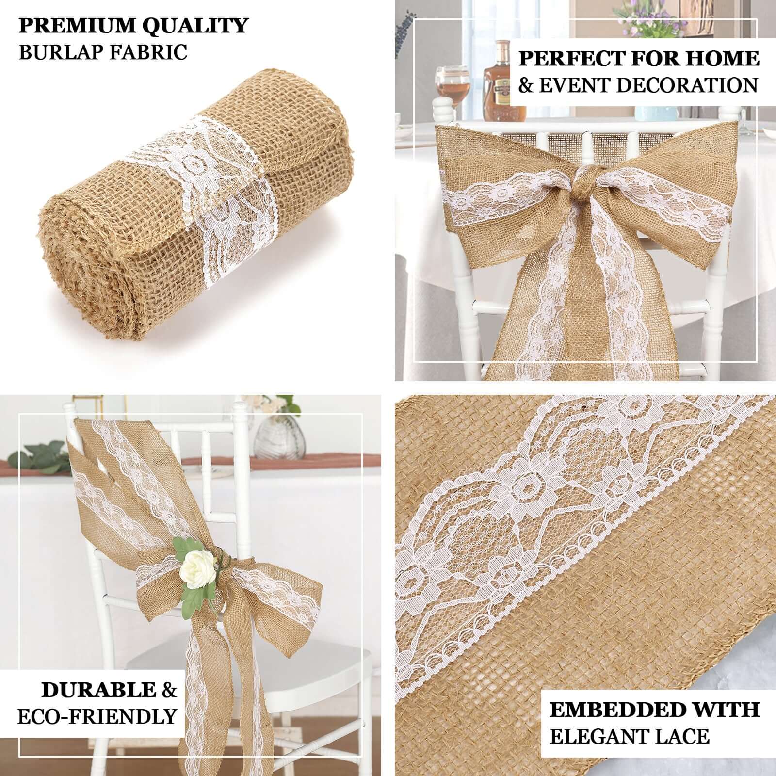 Hot Sale! Natural Burlap & Lace Chair Sash for Weddings & Gatherings
