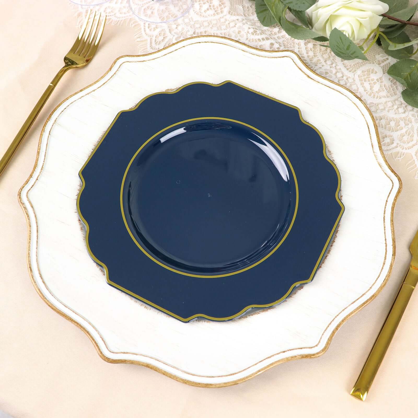 Hot Deal! 10-Pack 8" Navy Blue Disposable Baroque Salad Plates with Gold Rim