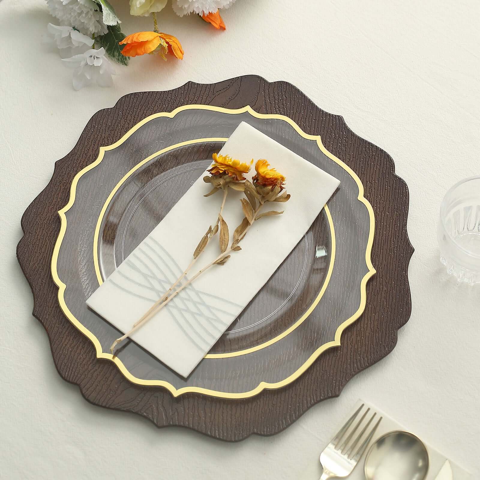 Hot Sale! 6-Pack 13-inch Rustic Brown Acrylic Charger Plates with Wood Grain Scalloped Rim for Dinner Parties