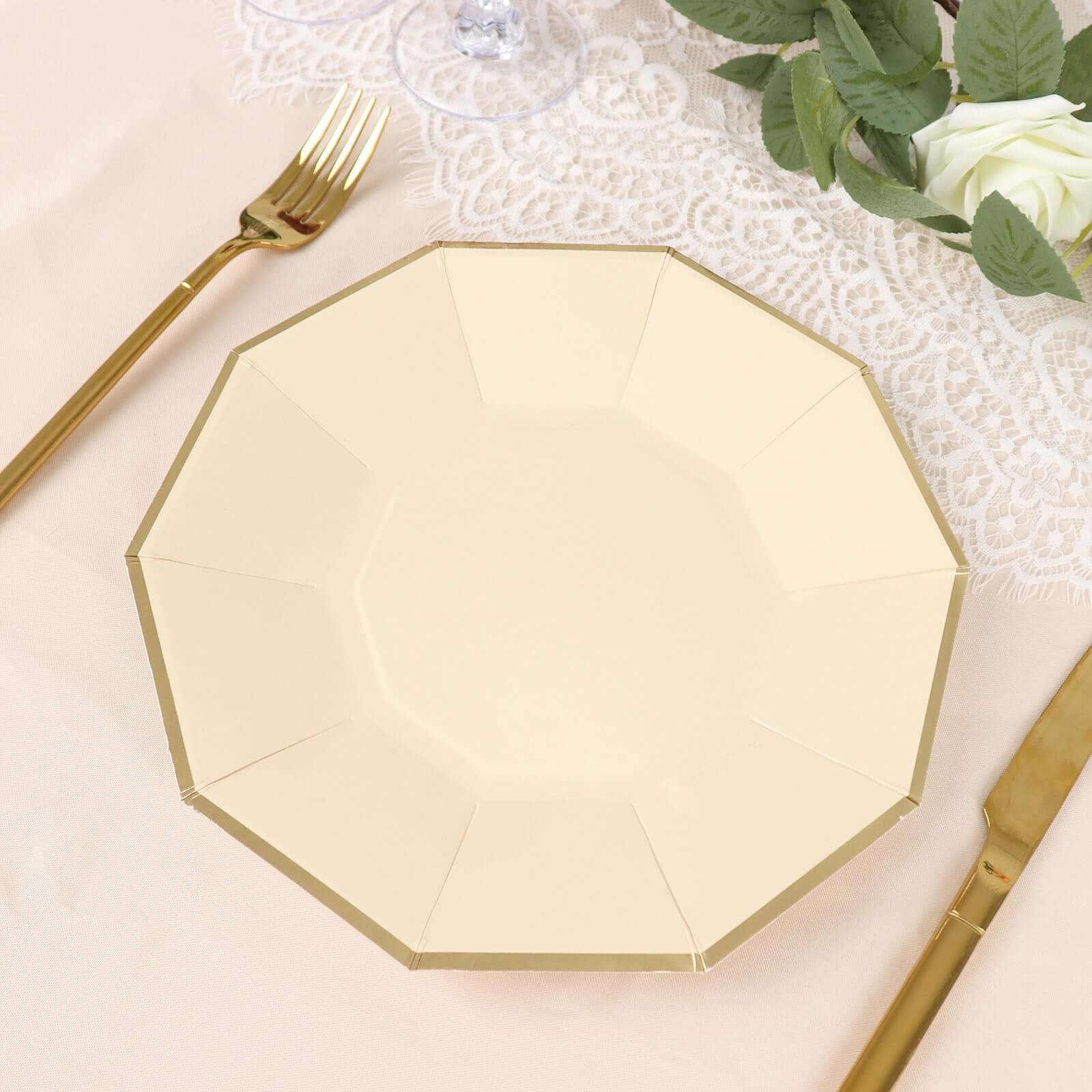 25-Piece Set of 9-Inch Beige Disposable Dinner Plates with Gold Foil Rim for Modern Weddings and Events