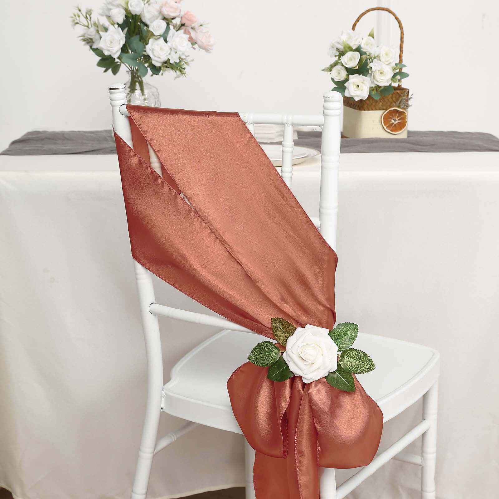 5-Pack Terracotta (Rust) Satin Chair Sashes - Durable & Shiny Bows