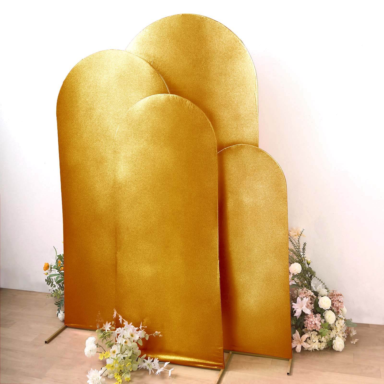 4-Piece Gold Metallic Spandex Wedding Arch Covers for Round Top Backdrops - 4ft to 7ft Sizes