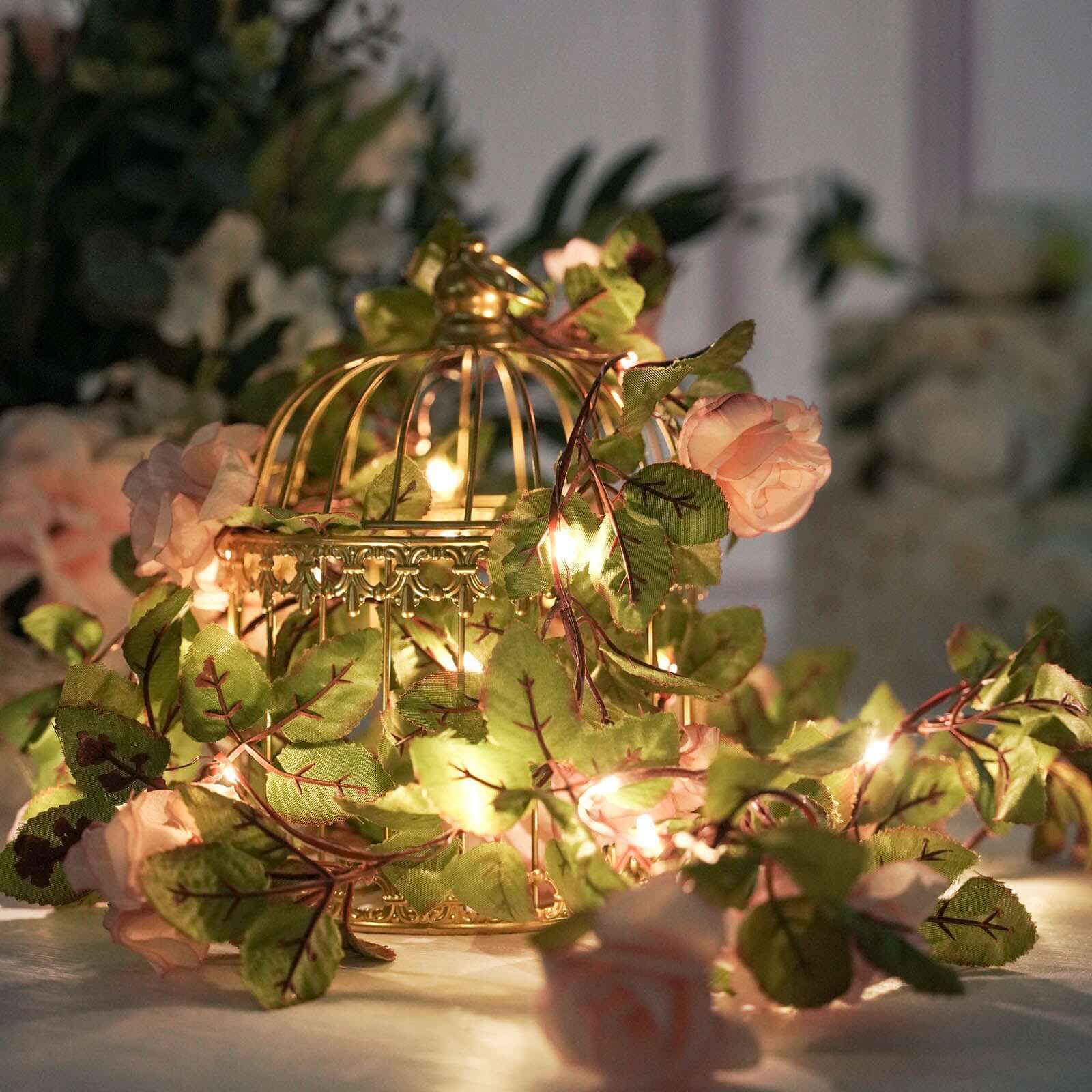 7ft LED Blush Silk Rose Garland with Warm White Battery - Operated Lights, Perfect for Decor