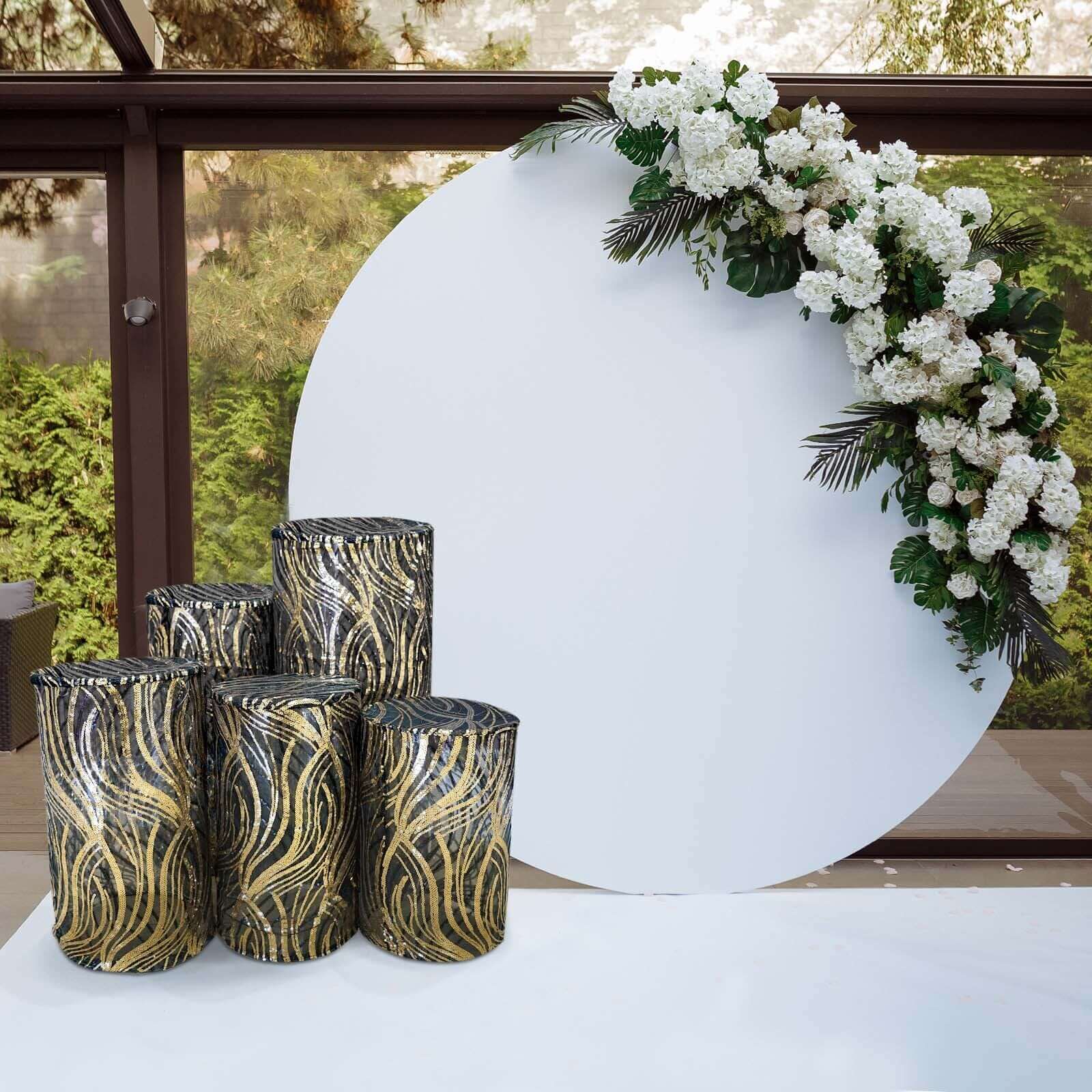 Hot! Set of 5 Embroidered Sequin Black Wave Mesh Cylinder Pedestal Stand Covers