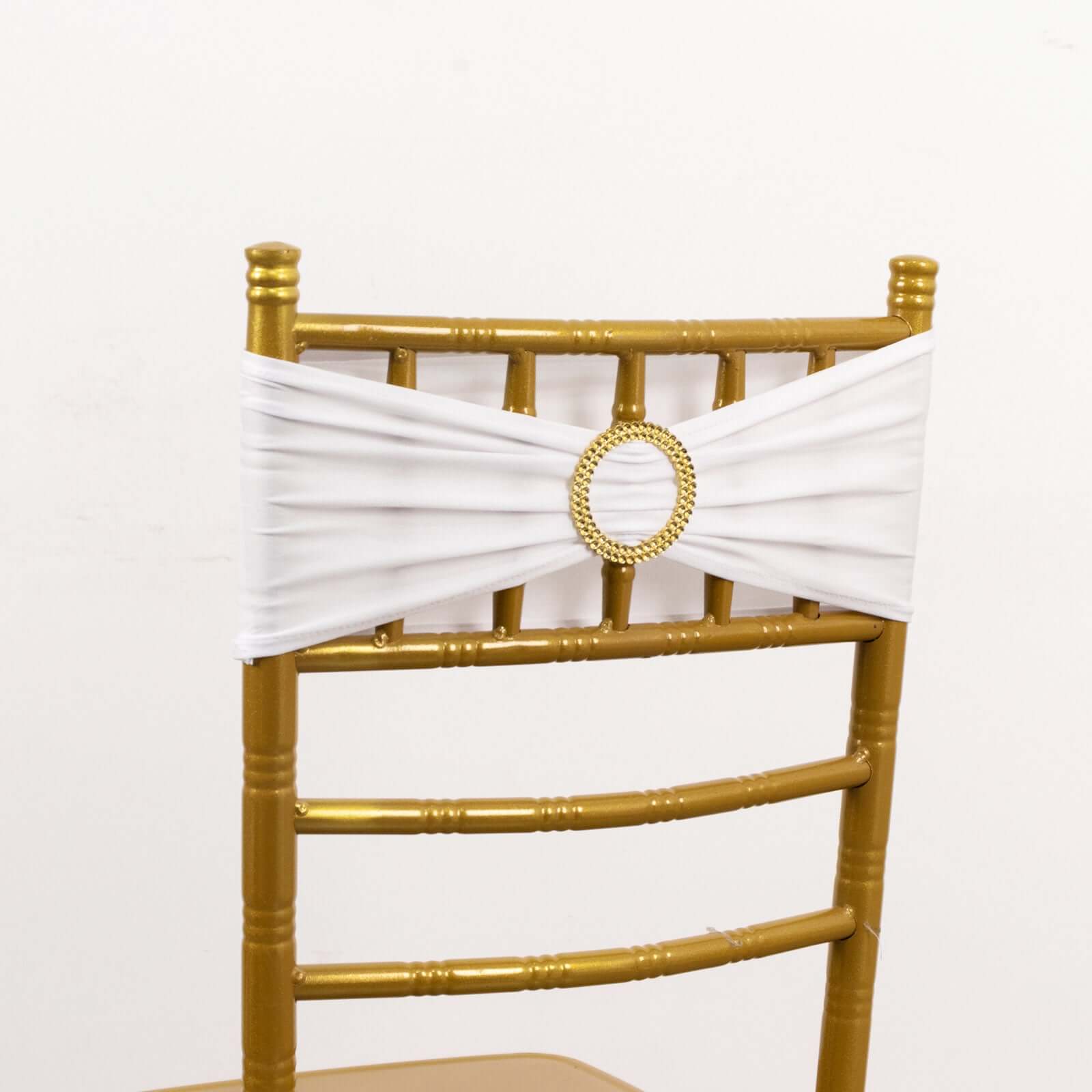 5-Piece Reusable White Spandex Chair Sashes with Gold Rhinestone Plastic Buckles for Weddings and Parties