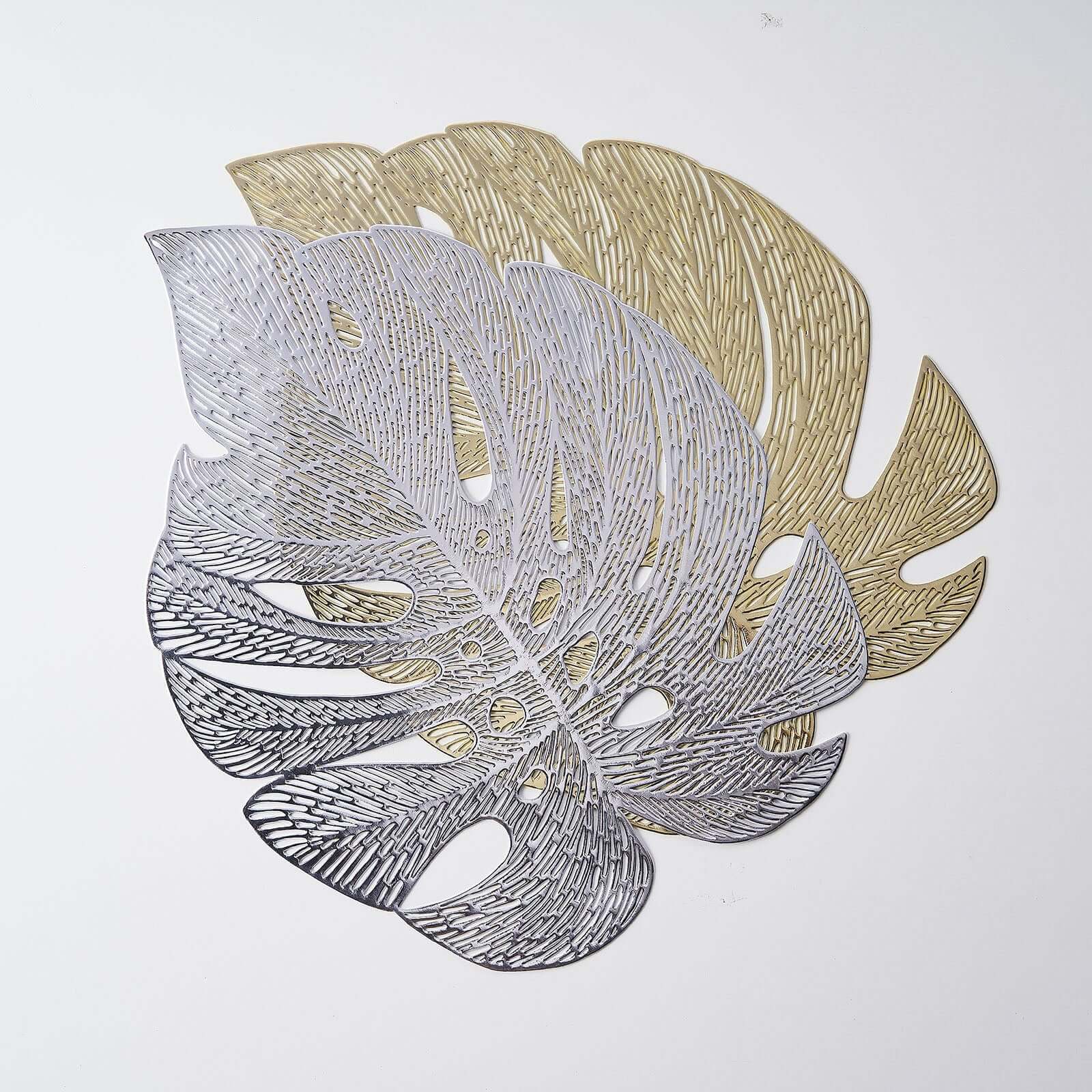 6-Pack Gold Monstera Leaf Design Vinyl Dining Table Mats with Non-Slip Surface for Tropical Decor