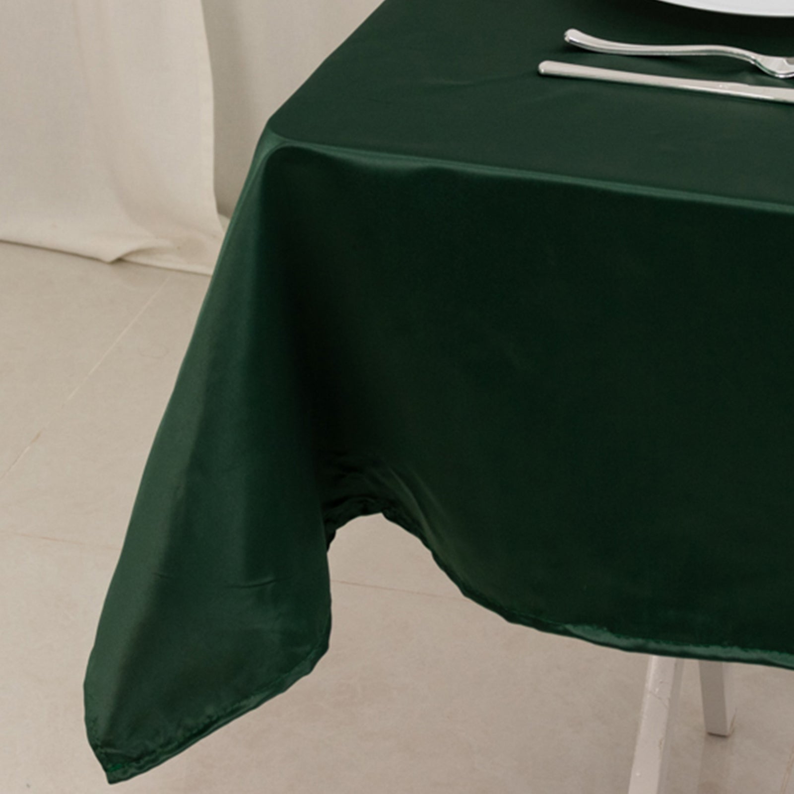 Exclusive Lamour Satin 54x54 Square Table Overlay in Hunter Emerald - Durable Silk-Like Cover