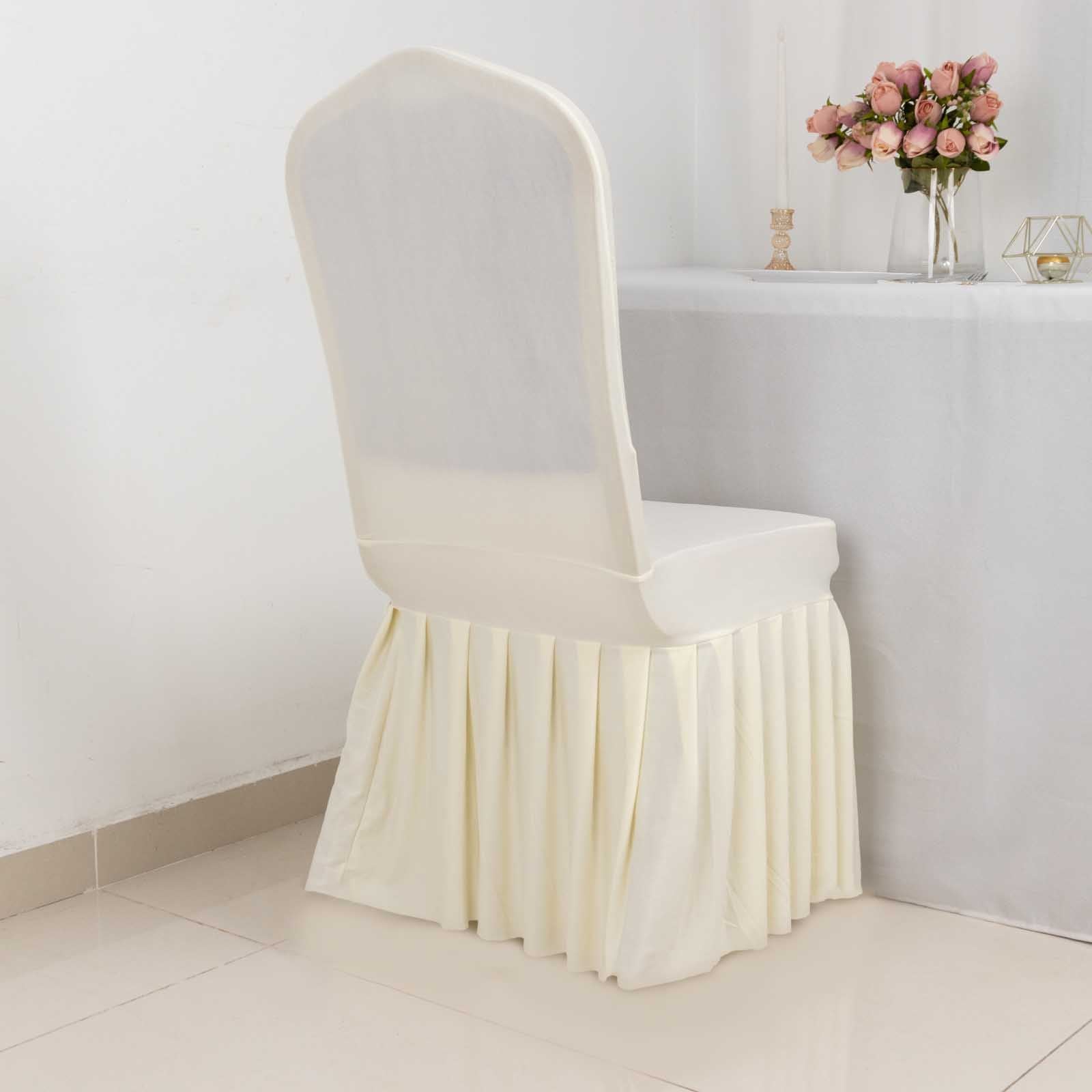 Ivory Spandex Chair Cover with Ruffle Pleated Skirt - 1-Piece Stretch Slipcover for Banquet Chairs