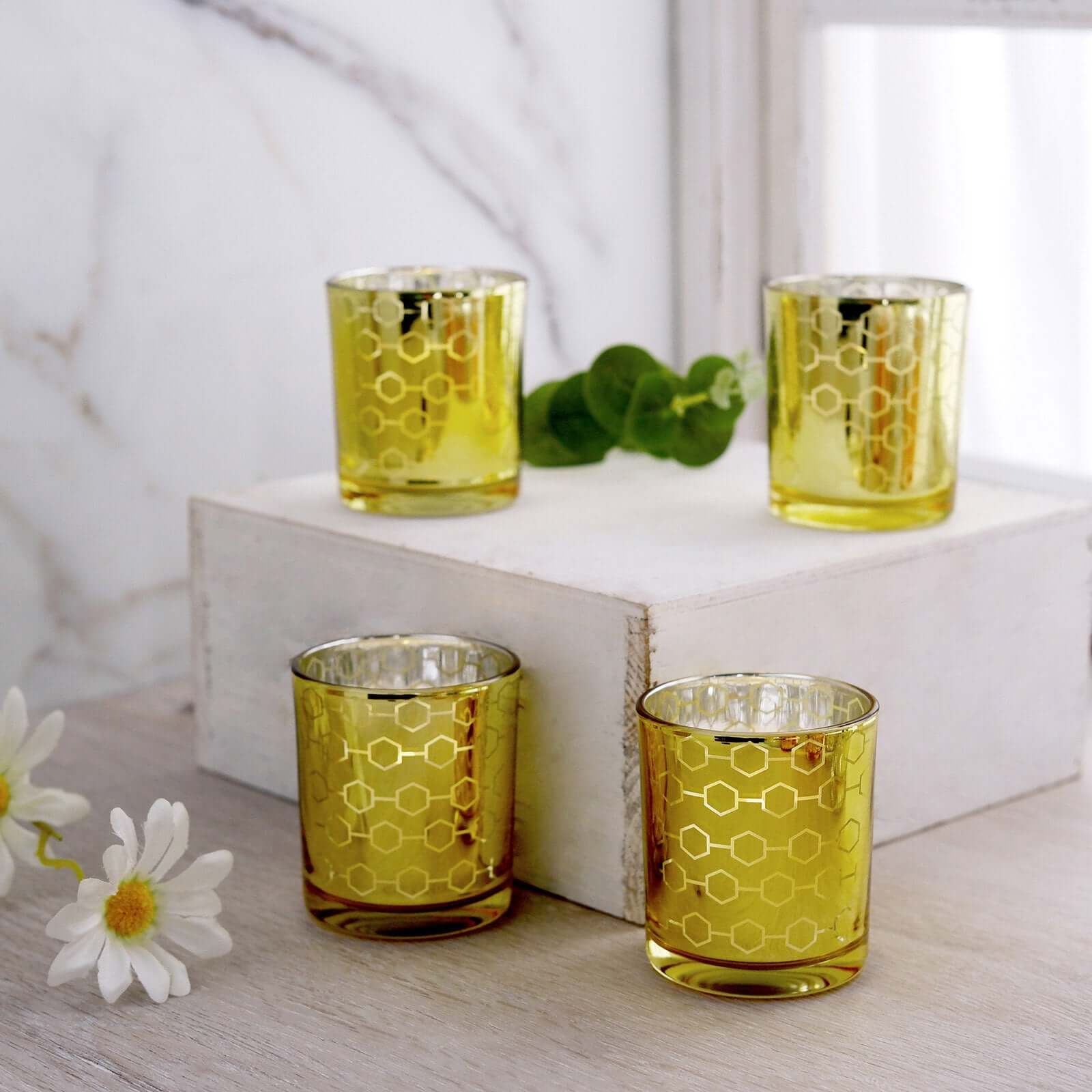 Hot Sale! 6-Piece Set of Gold Mercury Glass Votive Candle Holders with Honeycomb Design
