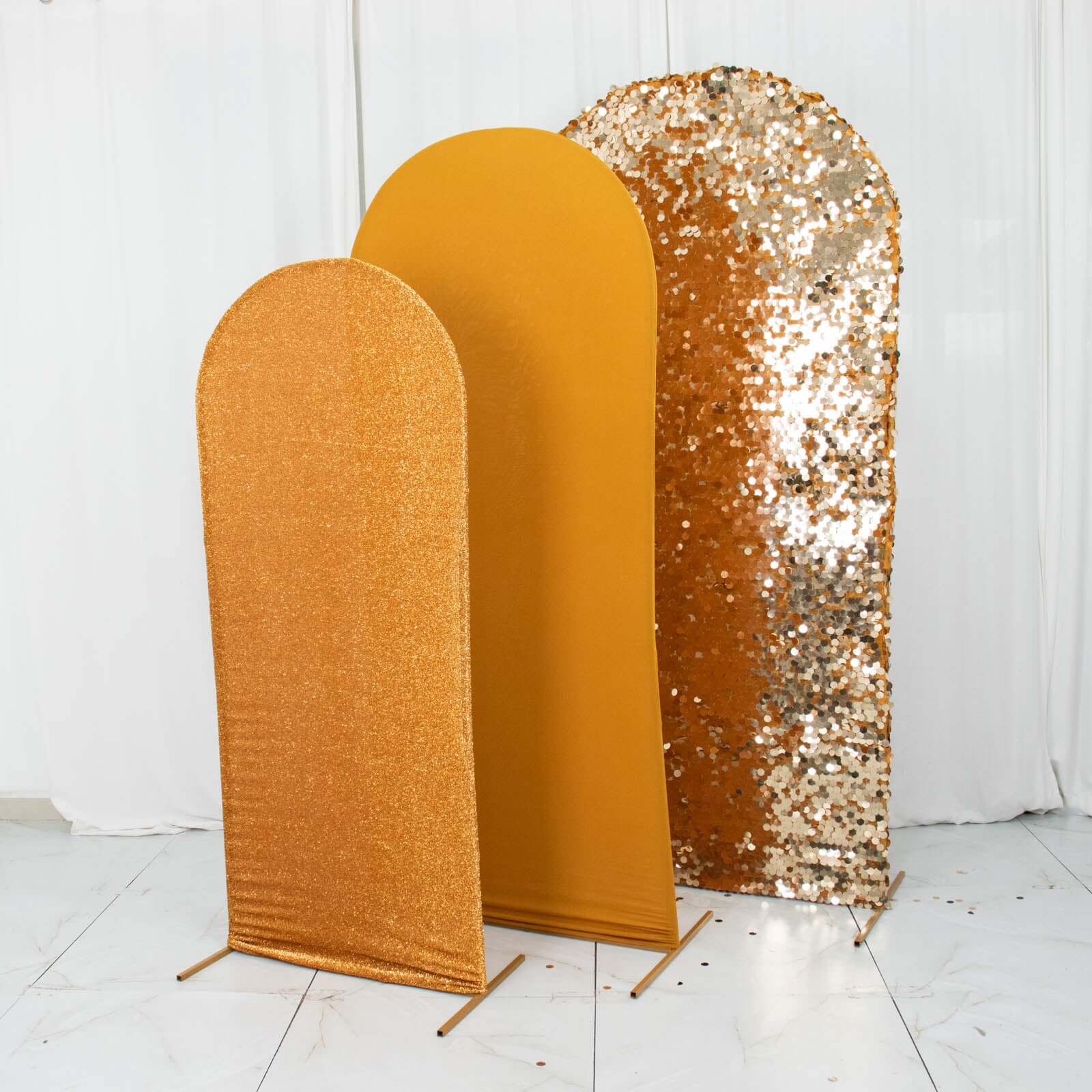 3-Piece Gold Round Top Wedding Arch Frame Covers in Sequin, Tinsel & Spandex