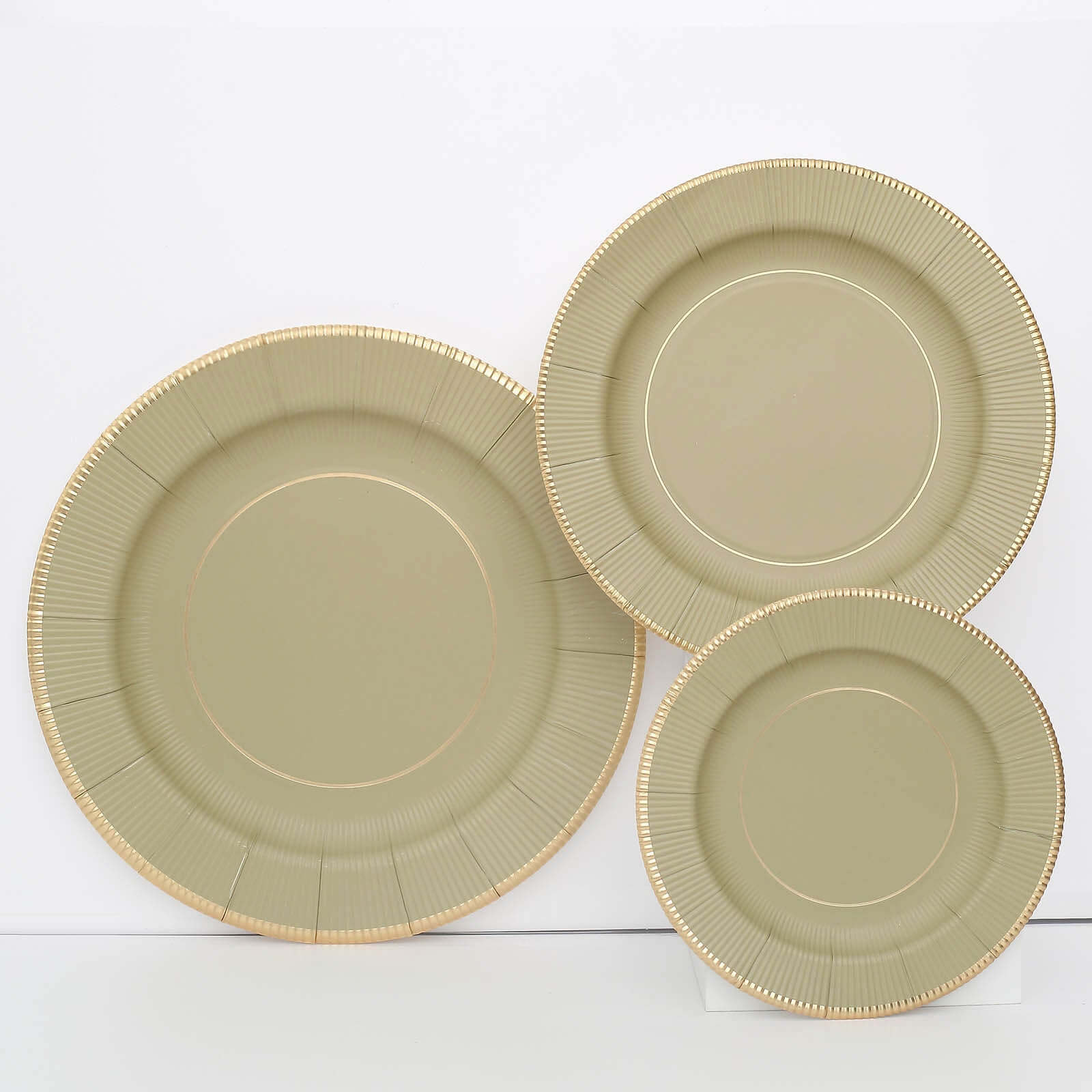 25-Pack Disposable 8-Inch Round Khaki Sunray Dessert Plates with Gold Rim - Heavy Duty 350GSM
