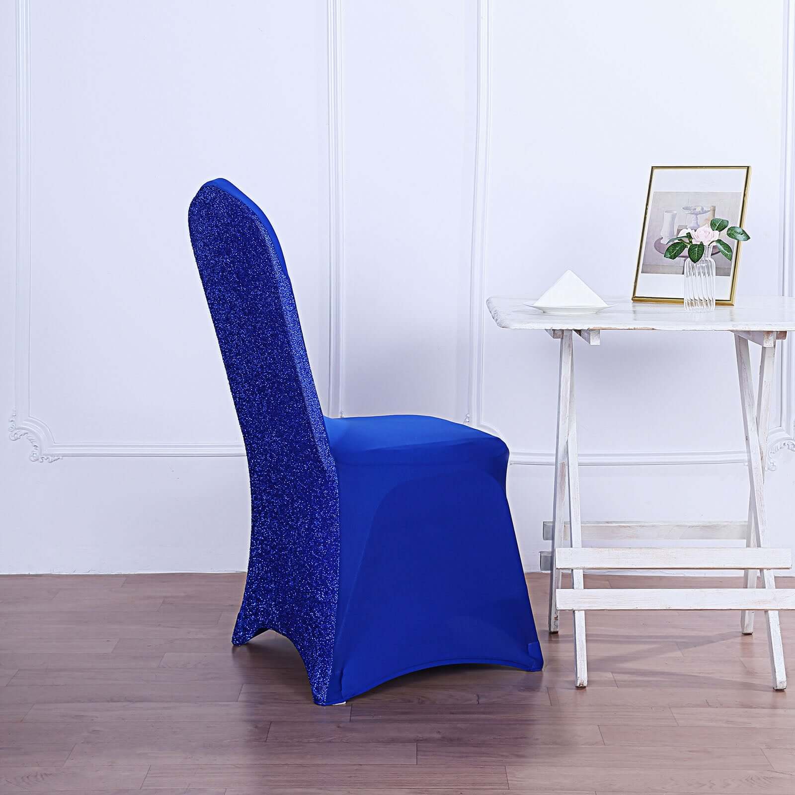 Fitted Royal Blue Spandex Chair Cover with Metallic Shimmer Tinsel Back for Banquets