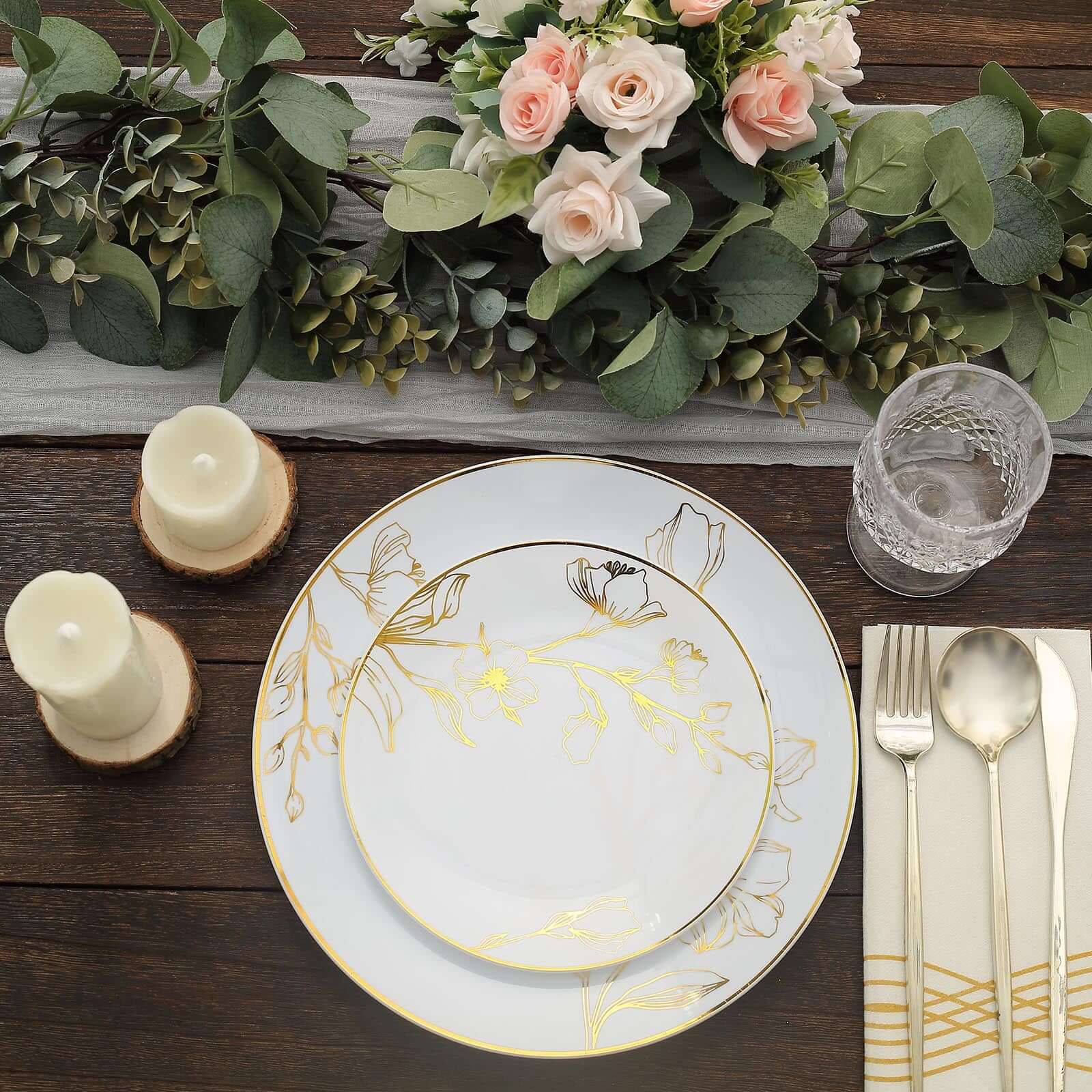Hot Deal! Set of 20 Disposable Plastic Dinner and Dessert Plates in White with Gold Floral Design for Special Occasions