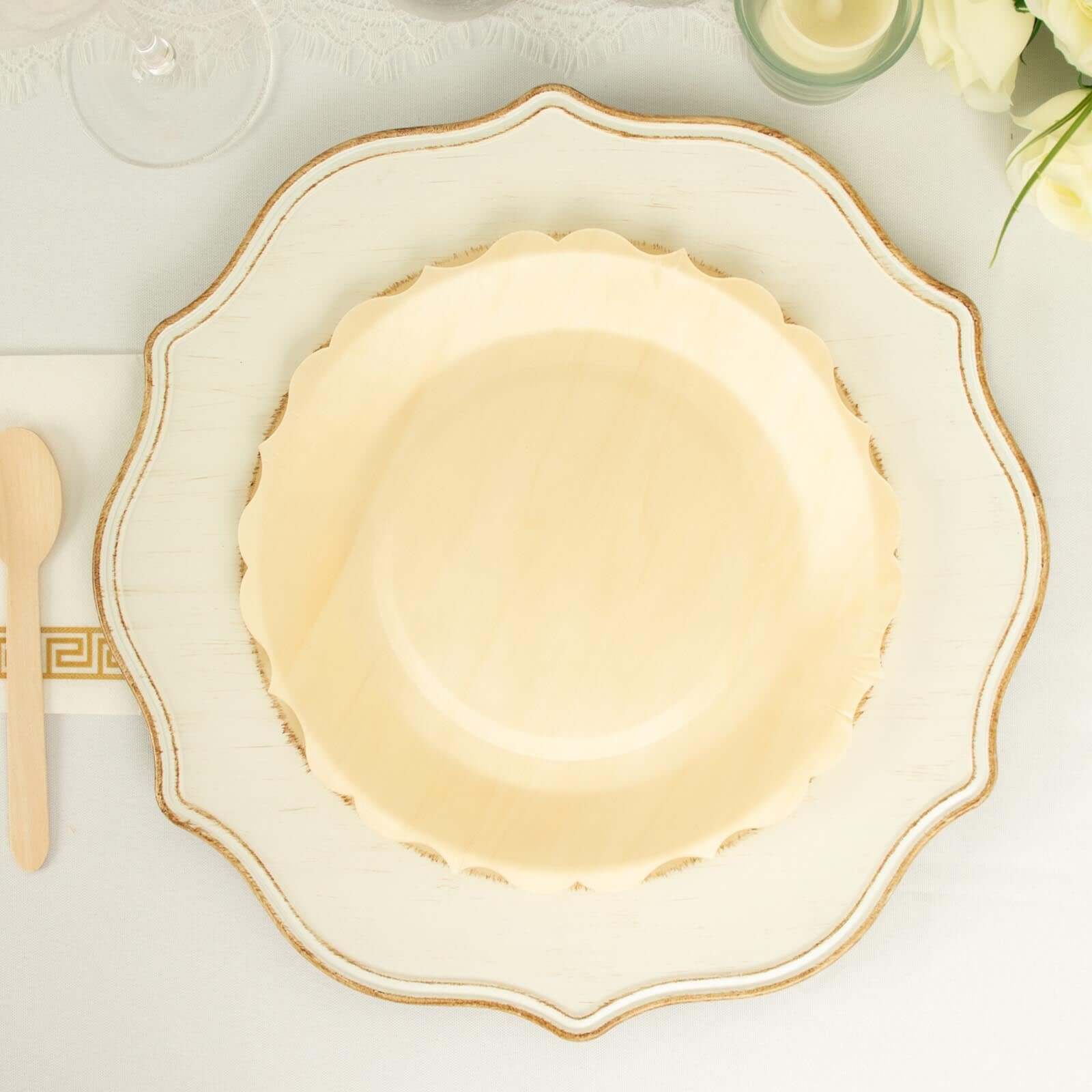 12-Piece Set of Natural Birchwood Round Dinner Plates with Scalloped Rim - Ideal for Farmhouse Events